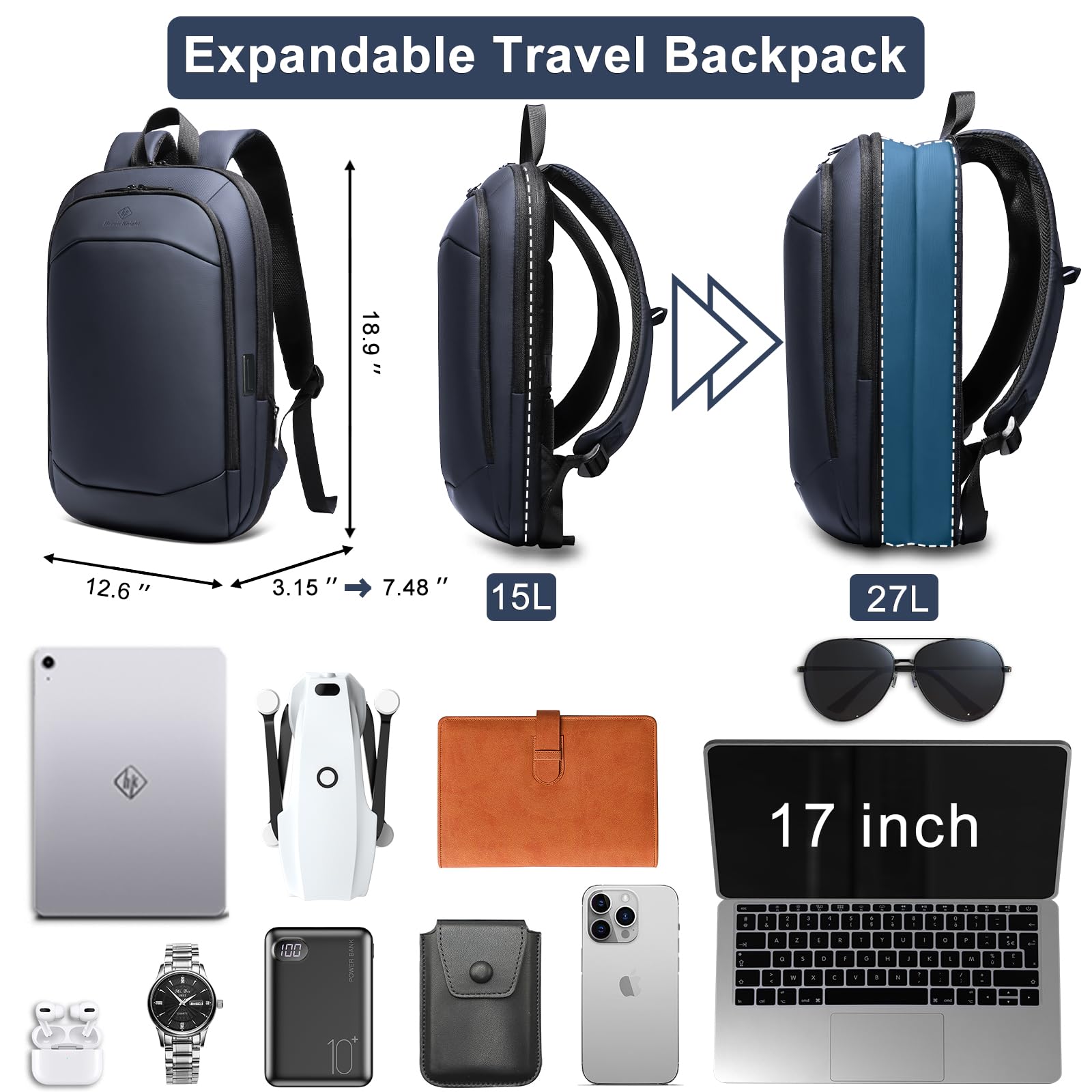 hk Business Backpack for Men 15.6 Inch,Slim & Expandable Waterproof Travel Laptop Backpack, Anti-Theft Lightweight Work Computer Bag, College Laptop Backpacks Gifts for Men Women-Black