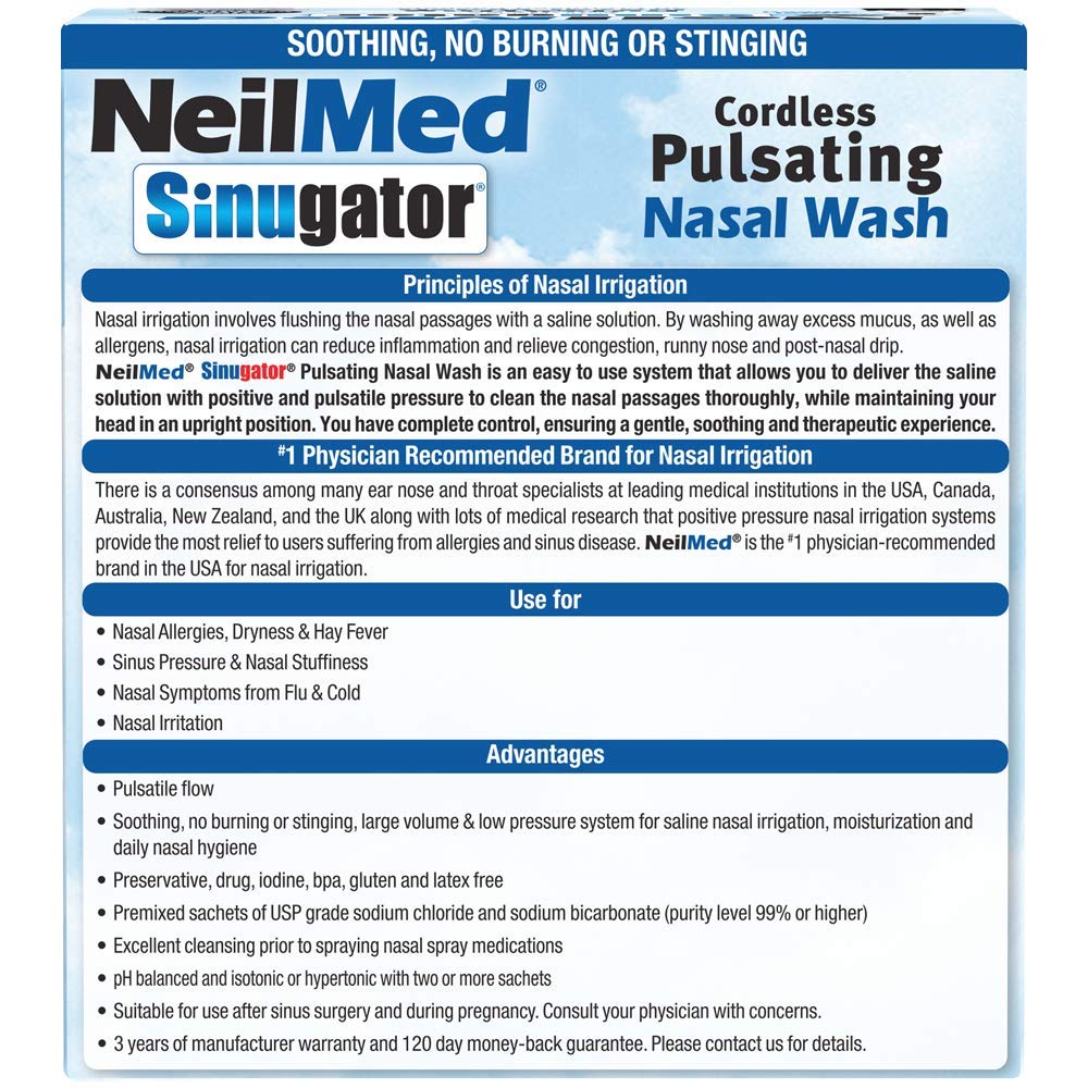 NeilMed Sinugator Cordless Pulsating Nasal Wash Kit with One Irrigator, 30 Premixed Packets and 3 AA Batteries(Pack of 1)