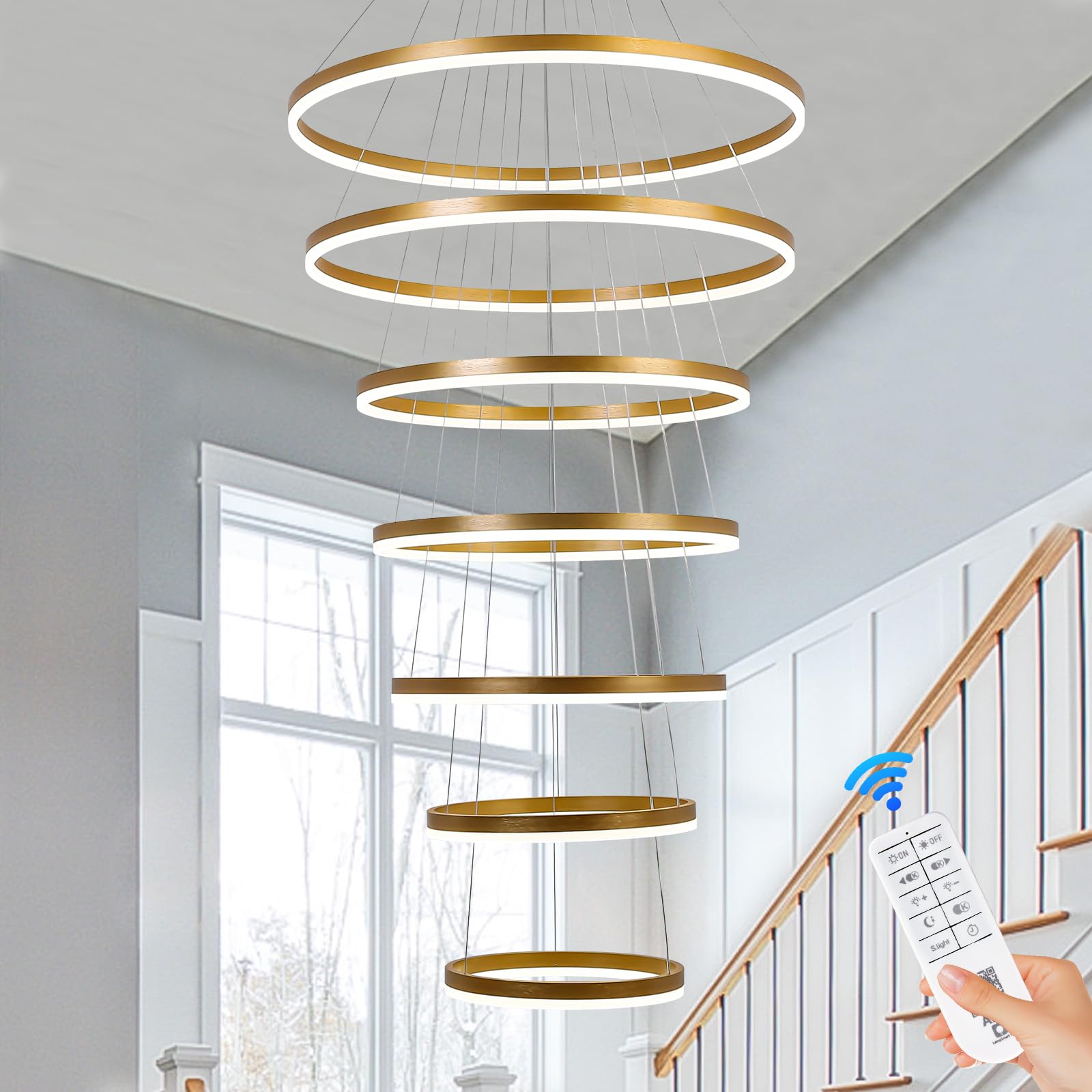 5-Rings Modern LED Chandelier Black Dimmable High Ceiling Chandelier for Dining Room with Remote Control for Foyer Living Room Entryway Staircase(D23.6’’, 3000K-6500K)