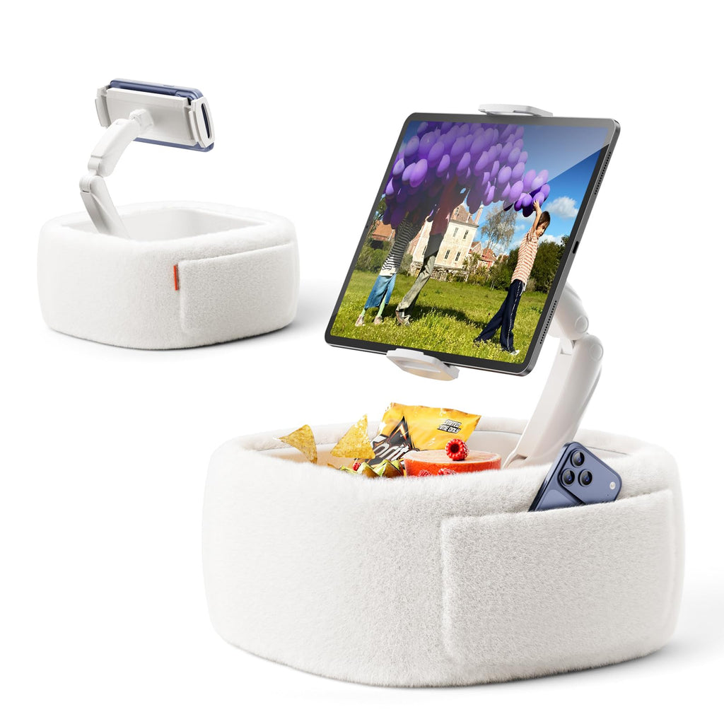 LULULOOK Tablet Pillow Stand, Compatible with iPad, iPhone and 4.7-14.6”Tablet, 360° Adjustable Kindle Pillow Stand for Bed with Ultra Fluffy Fabric & Snack Bowl (Cloudy White)