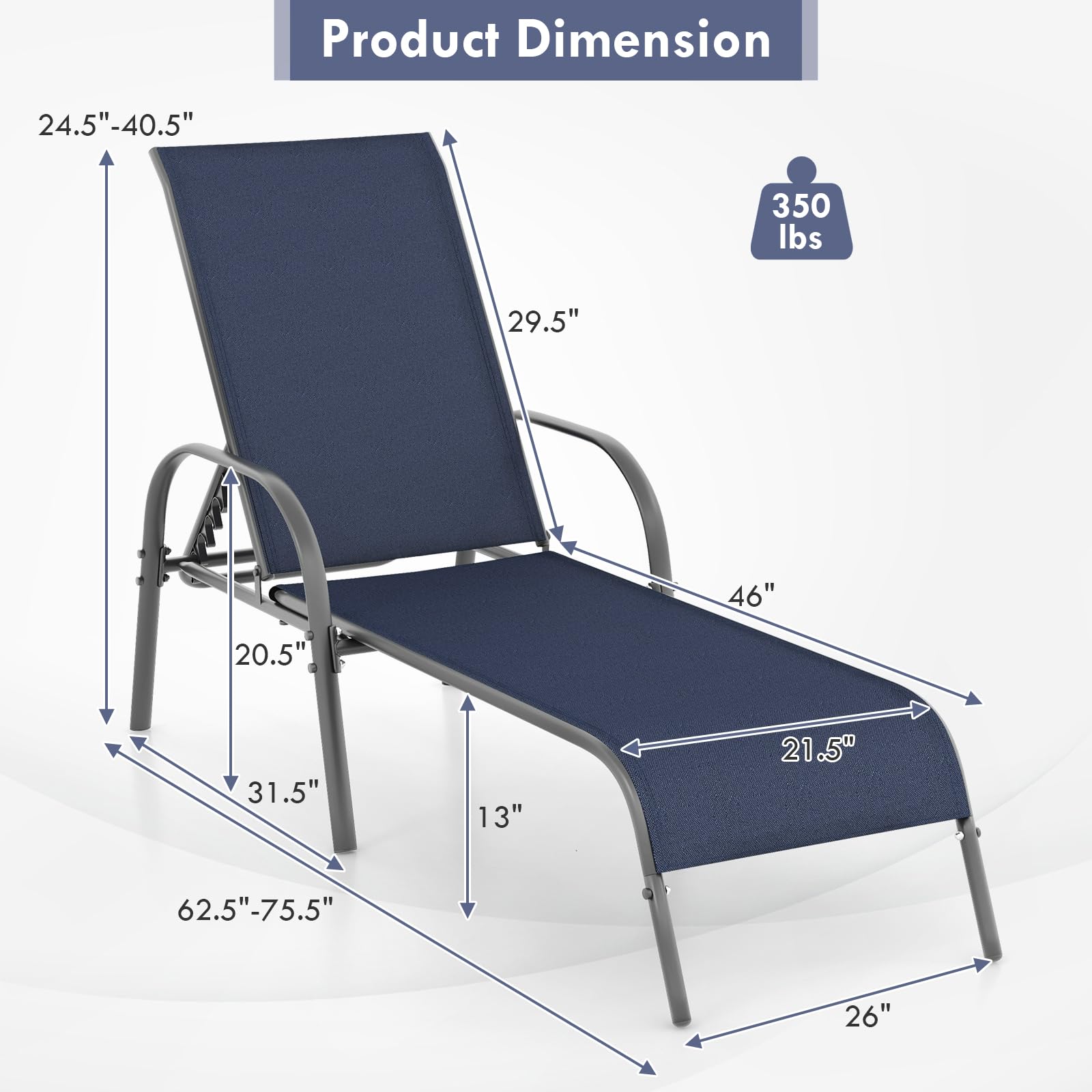 Giantex Patio Lounge Chair, Outdoor Chaise Lounge with 5 Adjustable Backrest, Sturdy Steel Frame, Sunbathing Recliner, Beach Chair, Tanning Chair for Outside, Yard, Balcony, Pool Chairs, Black