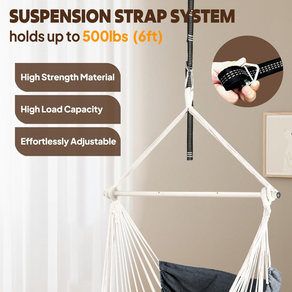 Chihee Hammock Chair Hanging Swing Max 500 Lbs 2 Cushions Included Metal Spreader Bar with Anti-Slip Grooves Portable Hanging Chair Side Pocket Large Macrame Bohemian Chair Indoor Outdoor | Hanging Swing with Anti-Slip Grooves Portable Hanging Chair Side