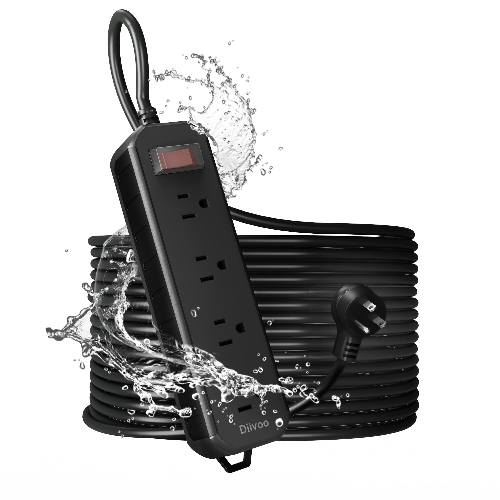 Outdoor Power Strip Weatherproof, 25 FT Extension Cord, Diivoo Waterproof Surge Protector with 4 Outlets 1250W Shockproof Overload Protection, Flat Plug, Black