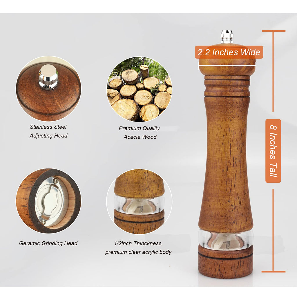 Haomacro Wood Salt and Pepper Grinder Mills Set, Classic Manual Pepper Grinder Salt Grinder Refillable Pepper Mill Sets with Acrylic Visible Window Adjustable Ceramic Grinding Rotor 6.5inch 2 Pack