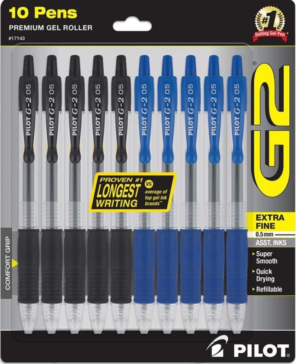 PILOT G2 Premium Gel Pens, 0.5mm Extra Fine Point, Refillable & Retractable Ballpoint Pens, 5 Black & 5 Blue, Pack of 10