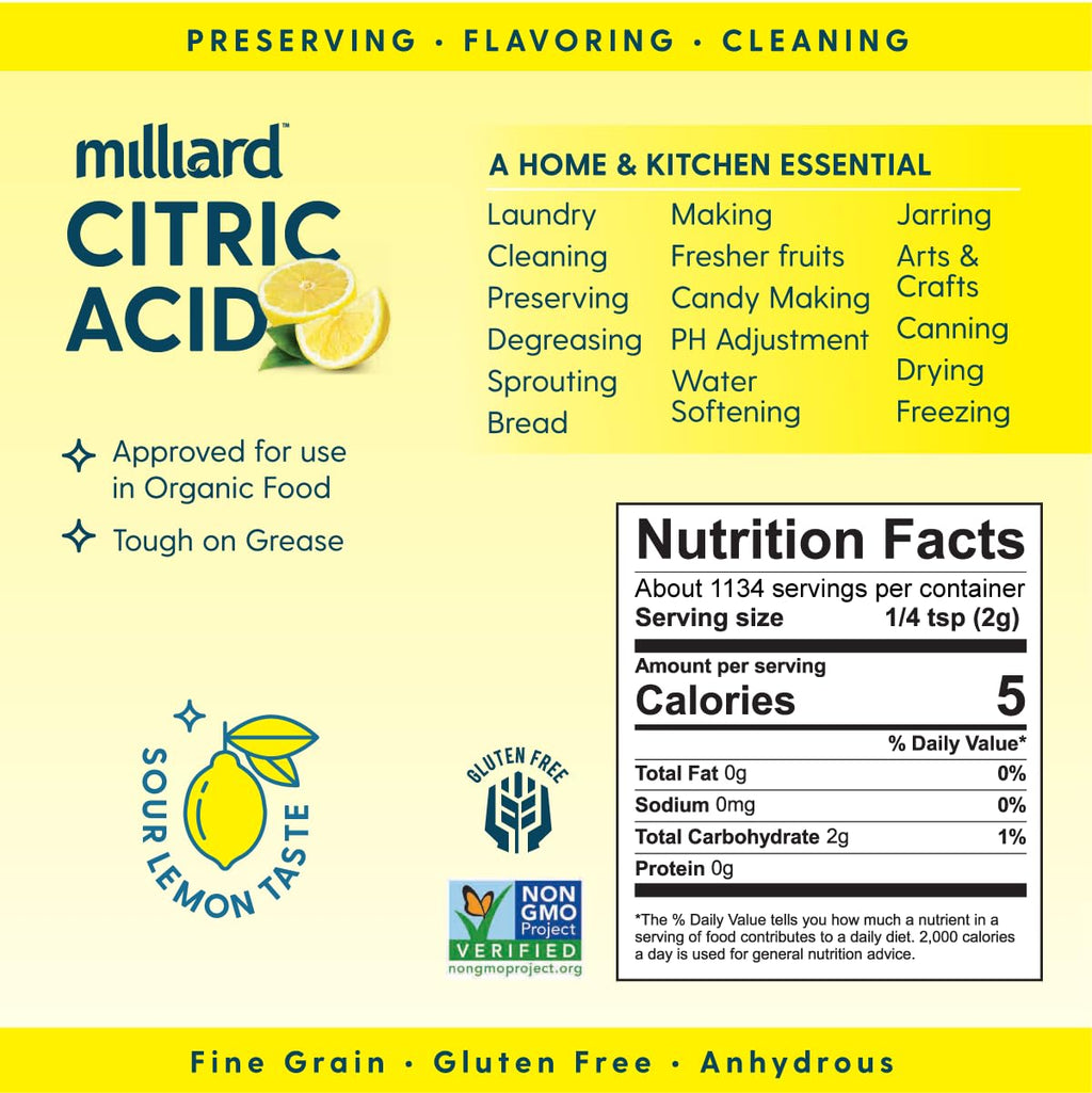 Milliard Citric Acid 5 Pound - 100% Pure Food Grade Non-GMO Project Verified (5 Pound)