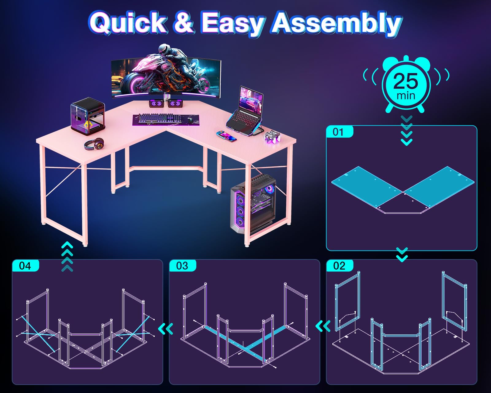Casaottima 47 inch L Shaped Gaming Desk, Corner Desk Gaming Table for Home Office, Computer Desk Sturdy Writing Workstation for Small Space, Easy to Assemble, Black