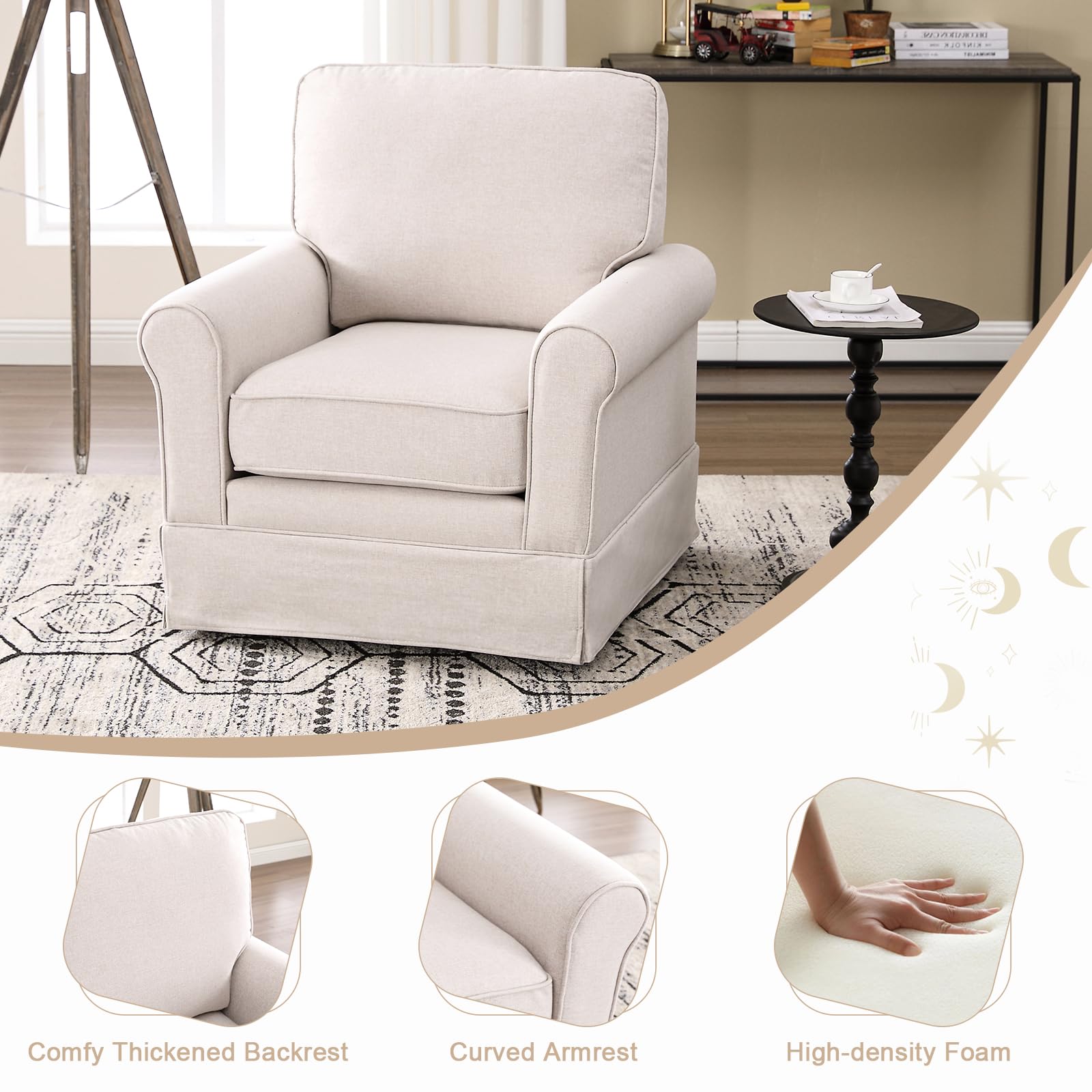 INZOY Swivel Accent Chair Linen Mid Century Modern Chair, Comfy Swivel Barrel Reading Chair, Upholstered Square Chair for Living Room Bedroom Small Spaces, Fully Assembled, Beige