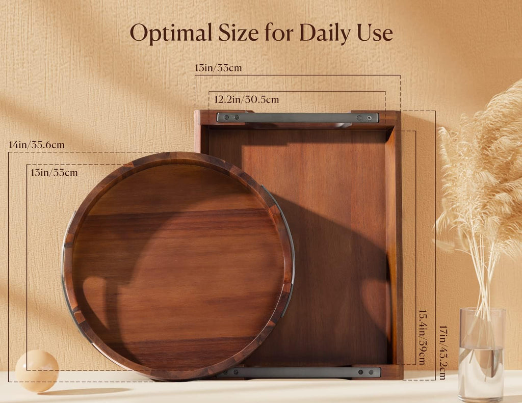 Acacia Wood Serving Tray with Metal Handle, 17x13in Tray for Ottoman