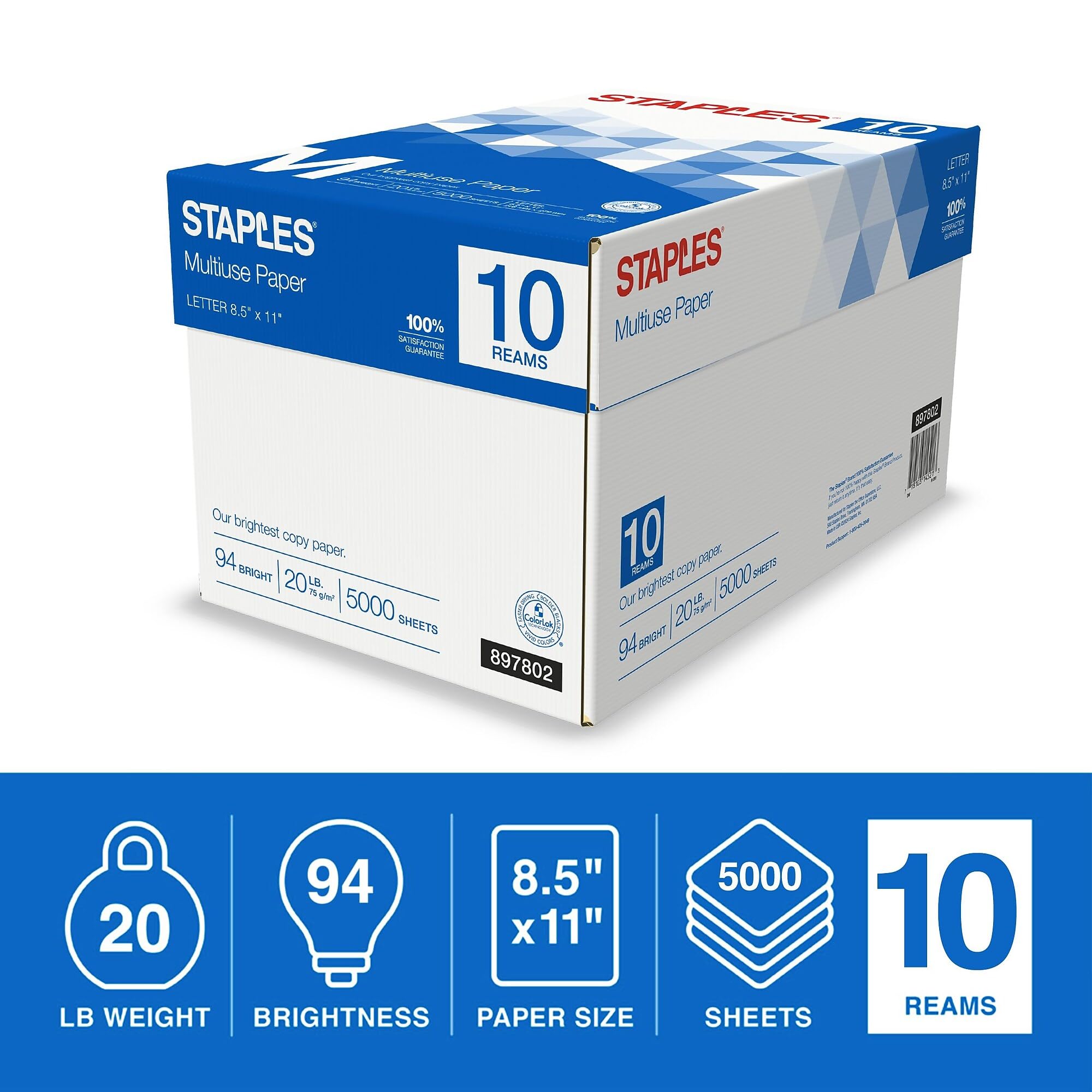 Staples Multiuse Copy Paper, 20 Lb, 94 Bright, 8 1/2" x 11", White, 3-Ream Case, For Office, School & Home