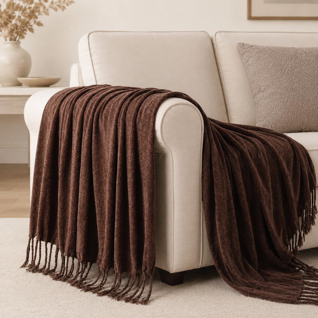 BATTILO HOME Beige Chenille Throw Blanket for Couch, Soft Cozy Textured Knit Throw Blanket with Handmade Fringe Tassels, Lightweight Decorative Farmhouse Blanket for Sofa Bed Chair, 50"x60"