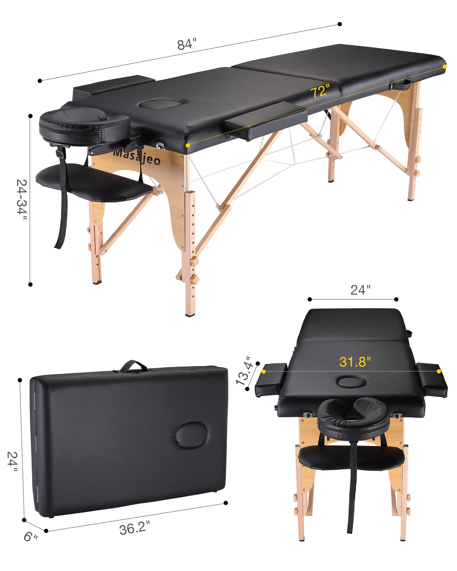 Portable Massage Table Massage Bed Professional SPA Reiki Eyelash Salon Bed, Wooden Frame Height Adjustment Accessories, Black (3-Section)