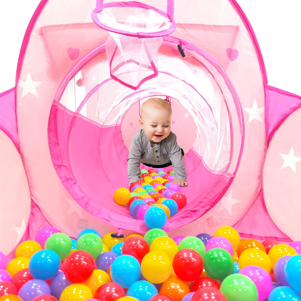 GeerWest 3PC Dinosaur Tent for Girls with Kids Ball Pit, Kids Play Tents and Crawl Tunnel for Toddlers, Pink Pop Up Playhouse Toys for Baby Indoor& Outdoor Tent Games, Birthday Kid’s Gifts