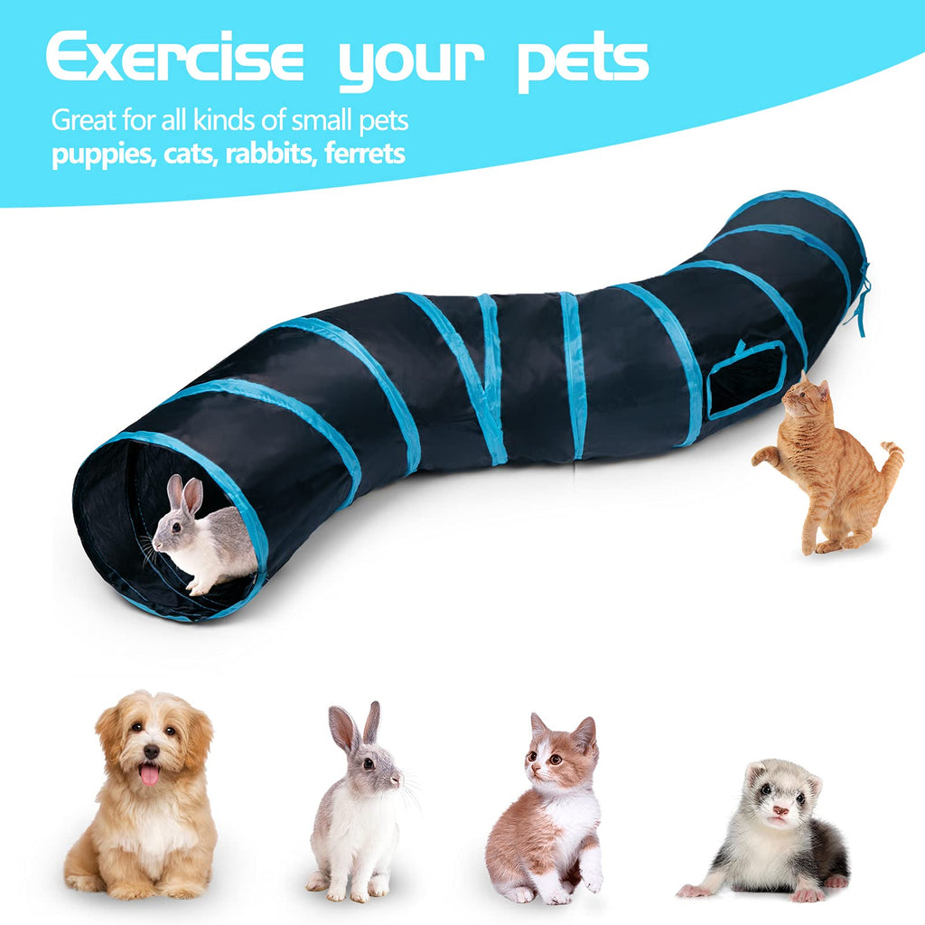 Sheldamy Cat Tunnel, 2-Way Collapsible Play Tunnel, Interactive Toy Maze for Small Animals, Suitable for Kittens, Puppies, Rabbits, Ferrets, Blue & Black