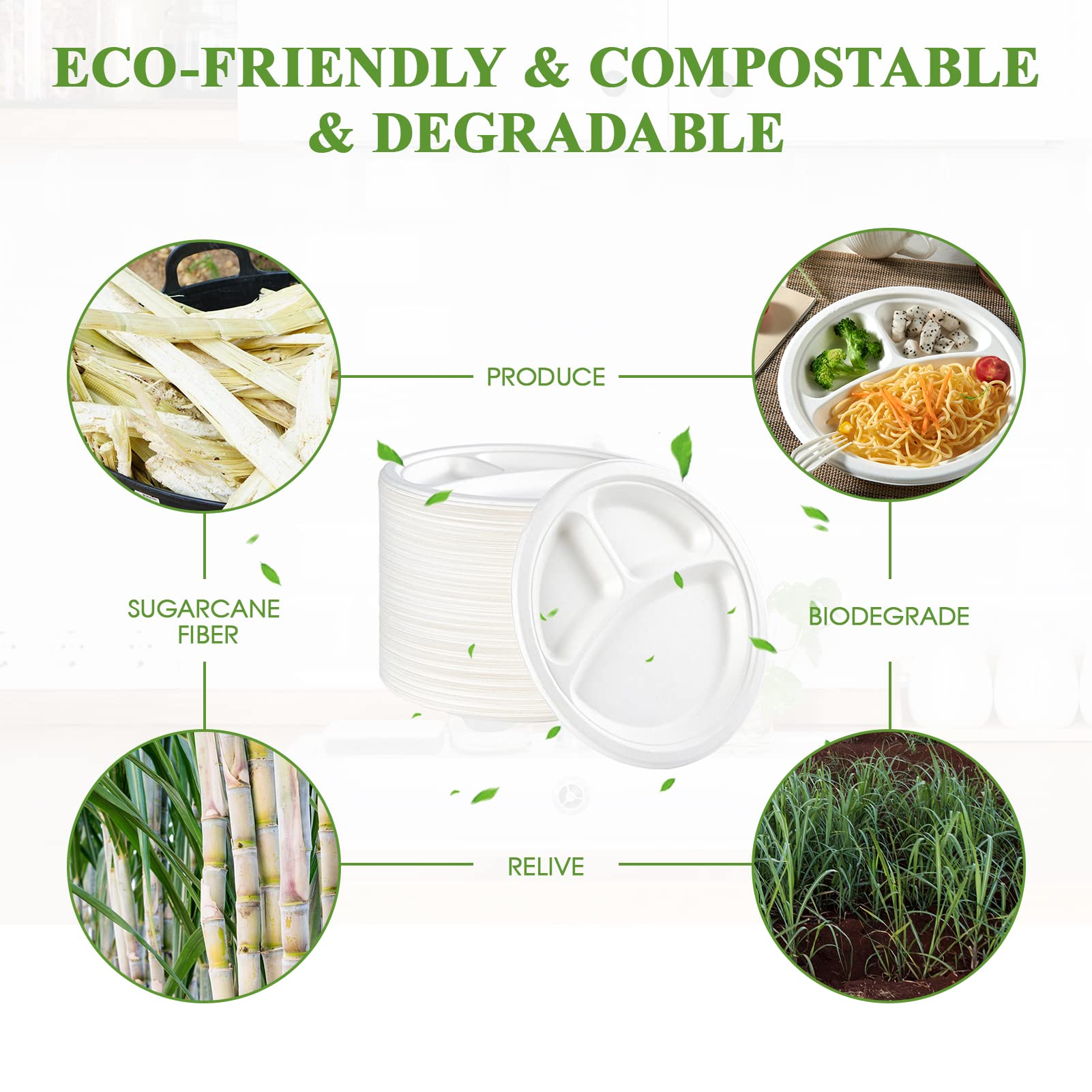 Vplus 100% Compostable Paper Plates, 500 Pack 10 Inch 3 Compartment Plates Disposable, Heavy Duty Biodegradable, Made of Sugar Cane Fibers, for Daily meals, Dinner, Parties, BBQ