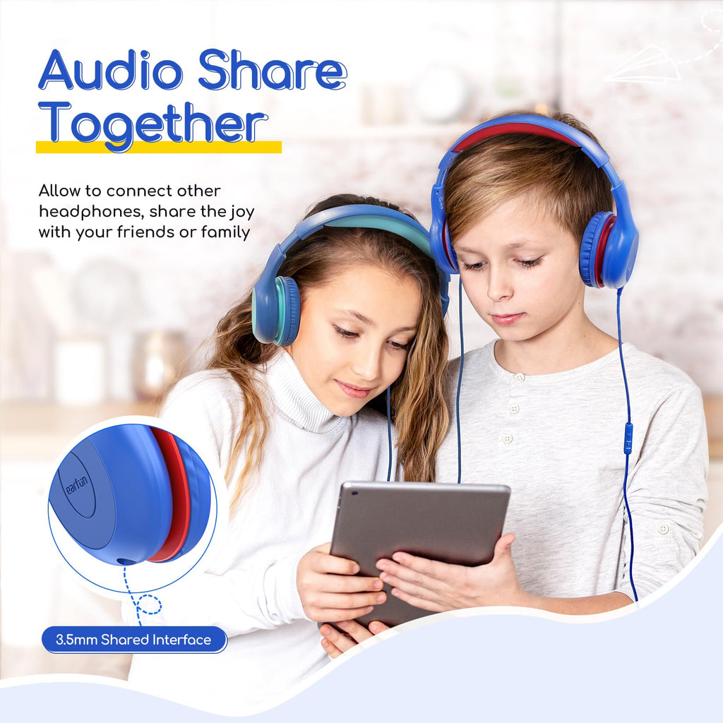 EarFun K1 Kids Headphones Wired with Microphone, 85/94dB Volume Limit Headphones for Kids, Portable Wired Headphone with Shareport, Stereo Sound Foldable Headset for School/Tablet/iPad, Black Red