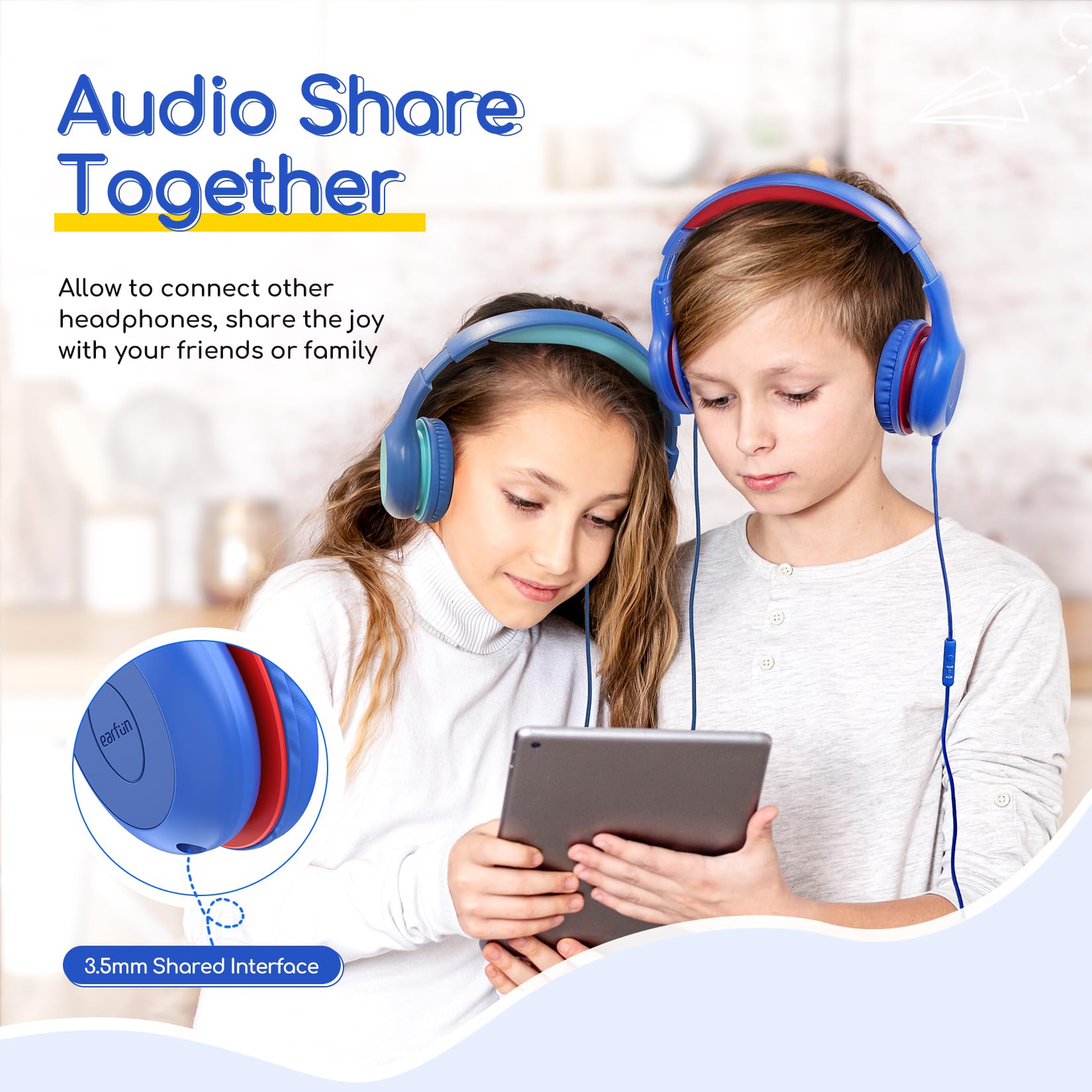 EarFun K1 Kids Headphones Wired with Microphone, 85/94dB Volume Limit Headphones for Kids, Portable Wired Headphone with Shareport, Stereo Sound Foldable Headset for School/Tablet/iPad, Black Red