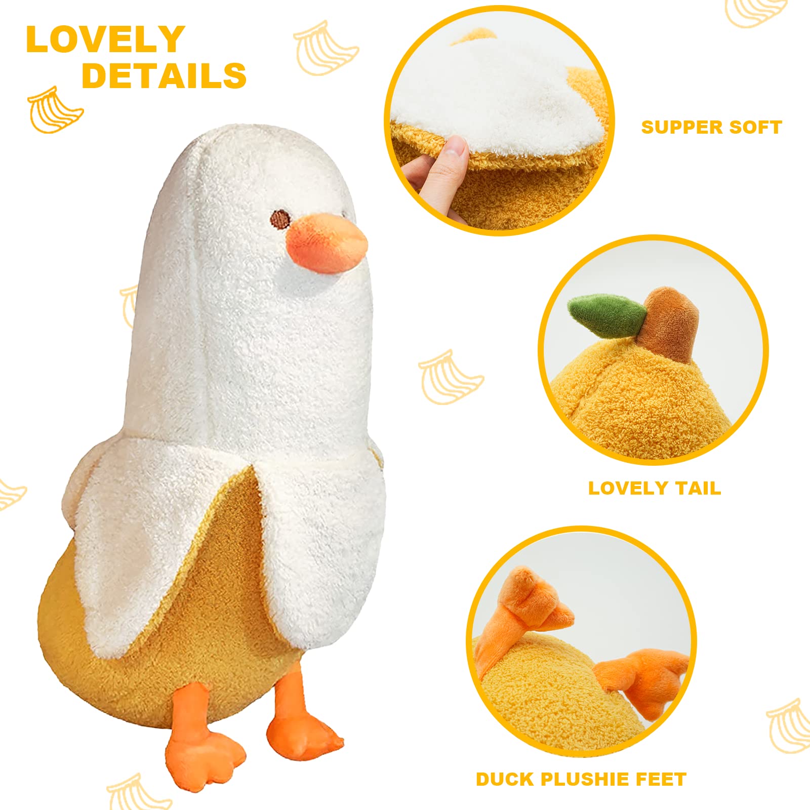 PEACH CAT Cute Banana Duck Stuffed Animal Long Banana Chef Duck Plush Pillow for Girls and Boys White 12"