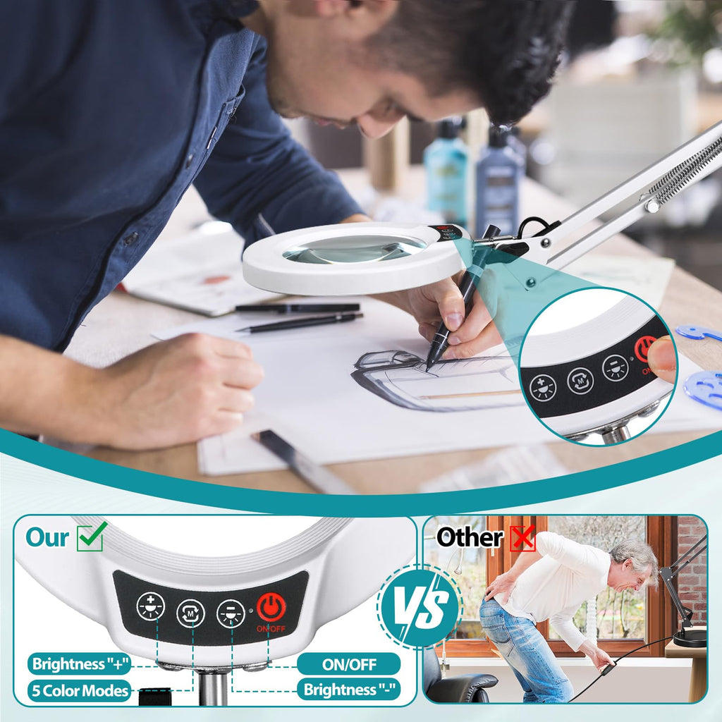 12X Magnifying Glass with Light and Stand, Real Glass, 5 Color Modes, Brightness Stepless Dimmable Lighted Magnifier Hands Free, 2-in-1 Desk Lamp & Clamp Light, Magnifier Lamp for Close Work, Reading