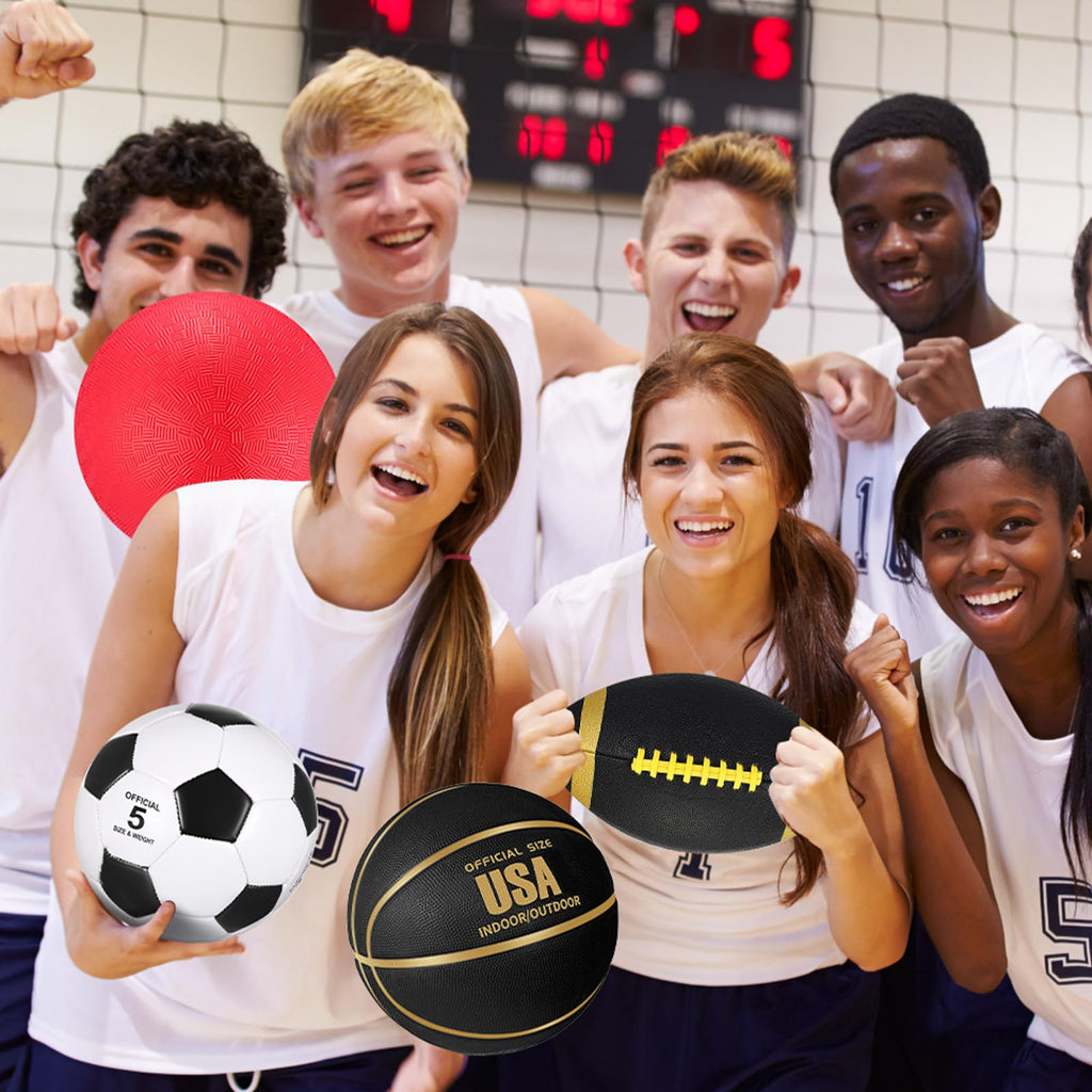 Lenwen 4 Pcs Sports Balls Set for Teen Adult, Include Official Size Basketball Soccer Football Playground Ball Pump Equipment Bag Ball Gifts Back to School