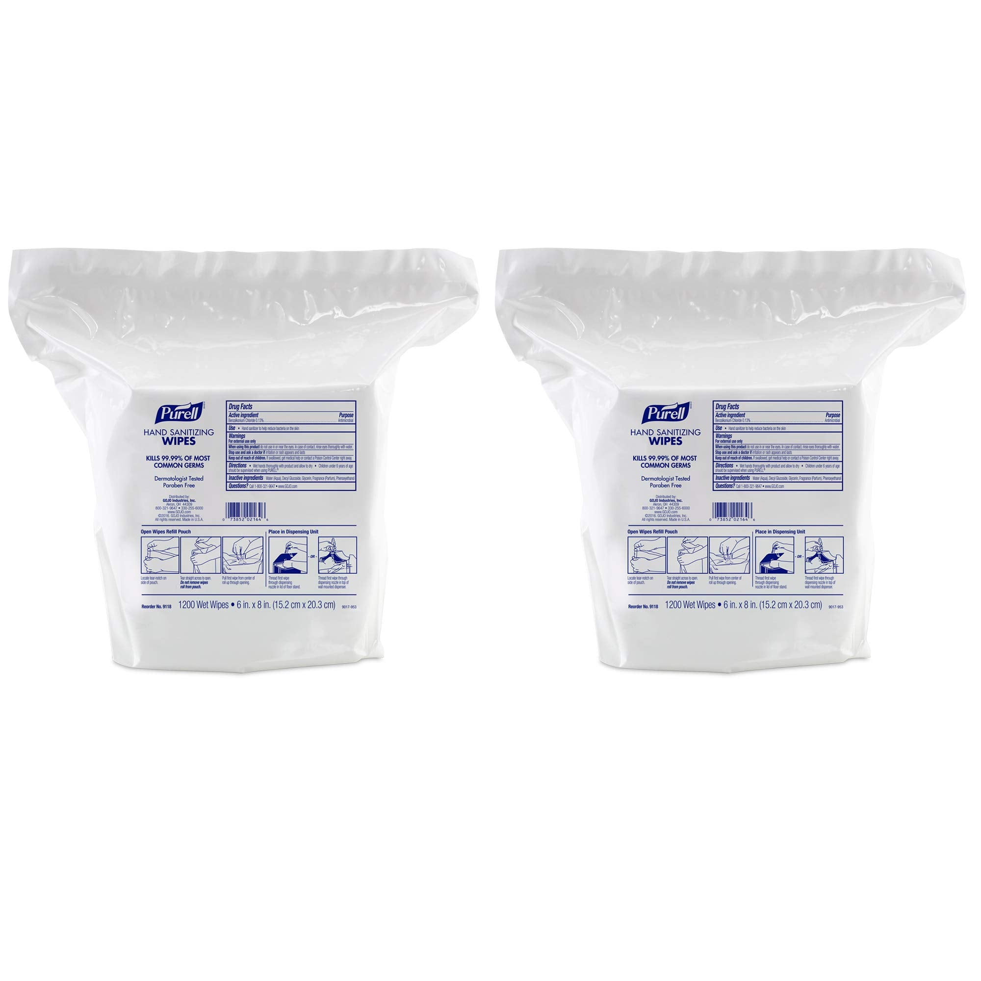 Purell Hand Sanitizing Wipes, Alcohol Free Formula, 1200 Count Wipes Refill for Purell High Capacity Wall and Floor Stand Wipes Dispenser (Pack of 2) - 9118-02
