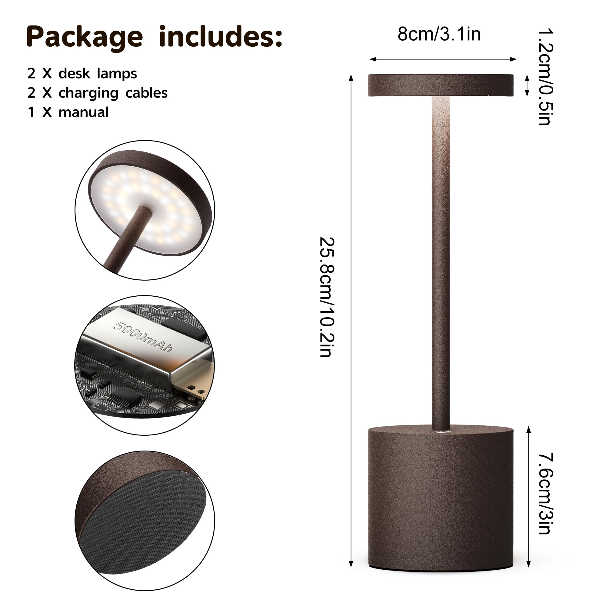 2Pack Cordless Table Lamp, Rechargeable LED Battery 5000mAh Metal USB Portable Powered Desk Lamp, 3 Levels Brightness Light for Restaurants Outdoor (2pack 10.25in Titanium)