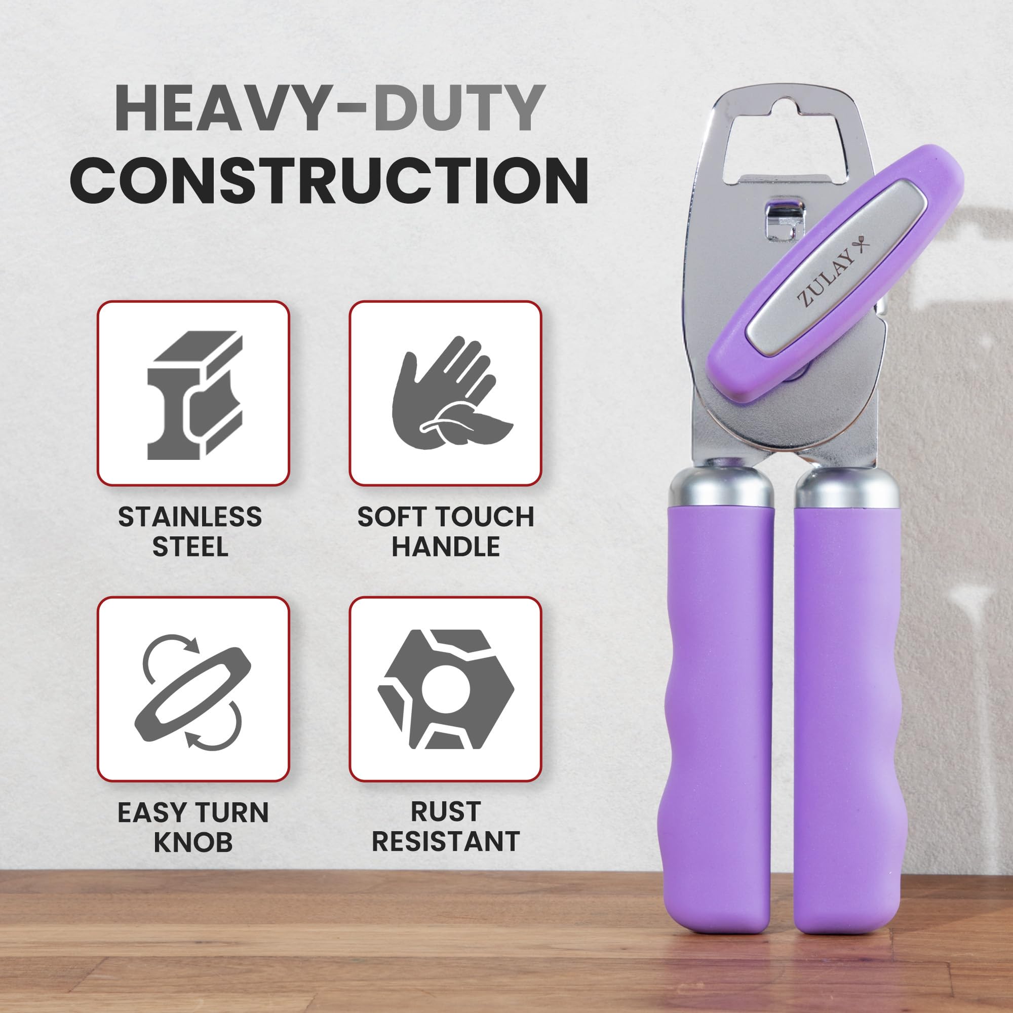 Zulay Kitchen Heavy Duty Stainless Steel Can Opener Manual with Bottle Opener - Rust Proof Manual Can Opener With Turn Knob & Comfy Soft Grip Handles - Airy Lilac