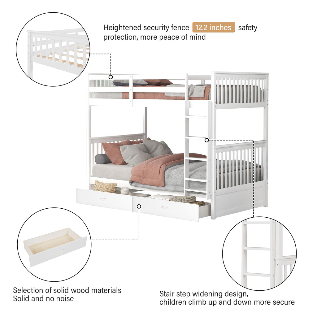 Merax Wood Bunk Bed with Two Drawers,Convertible Wood Bunk Bed with Ladders and Two Storage Drawers,Solid Wood Detachable Bed Frame with Ladders, Twin Over Full Size, Espresso
