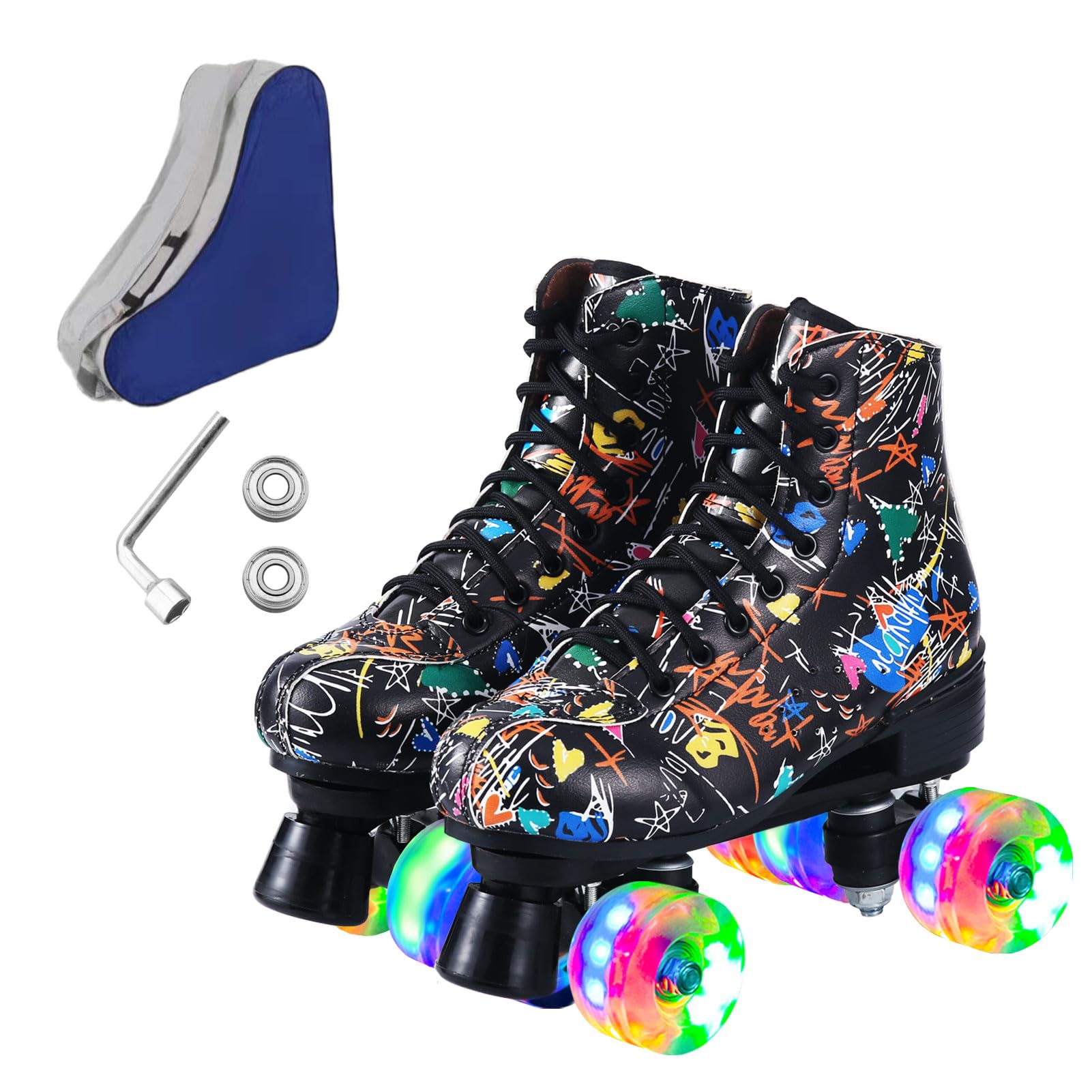 Roller Skates for Men and Women, Black Derby Roller Skates with 4 Shiny Wheel, Classic Double-Row Roller Skates for Indoor and Outdoor