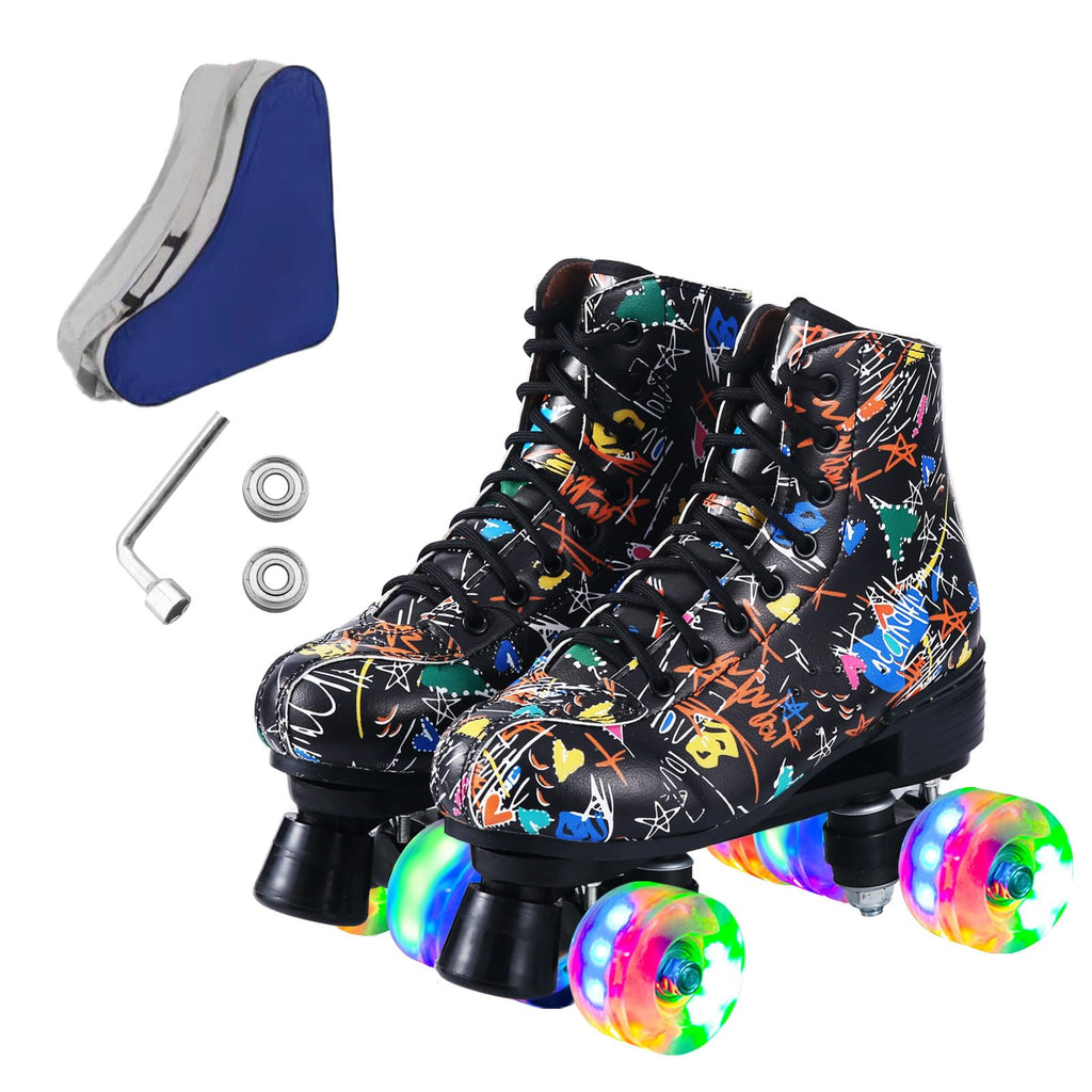 Roller Skates for Men and Women, Black Derby Roller Skates with 4 Shiny Wheel, Classic Double-Row Roller Skates for Indoor and Outdoor