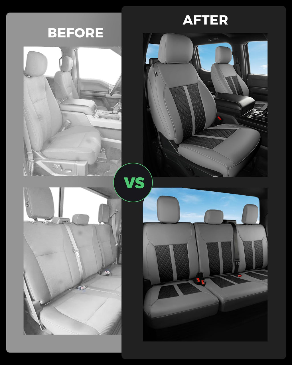 for Ford F150 Leather Seat Covers, Super Crew Cab XL XLT 2015-2020, F250 F350 F450 Super Duty Crew Cab 2017-2022,Custom Truck Seat Cover Full Set, Pickup Accessories, Black (Bucket Seat)