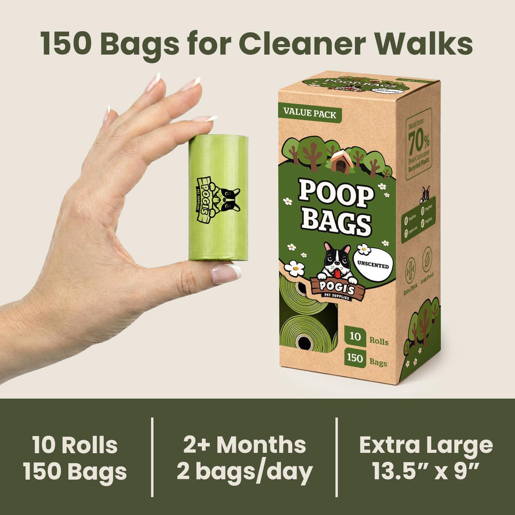 Pogi’s Dog Poop Bags – Leak-Proof & Extra Thick Pet Waste Bags (Fresh Scent, 10 Rolls, 150-Count)