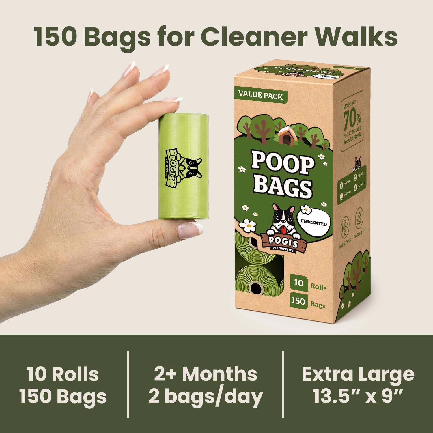 Pogi’s Dog Poop Bags – Leak-Proof & Extra Thick Pet Waste Bags (Fresh Scent, 10 Rolls, 150-Count)