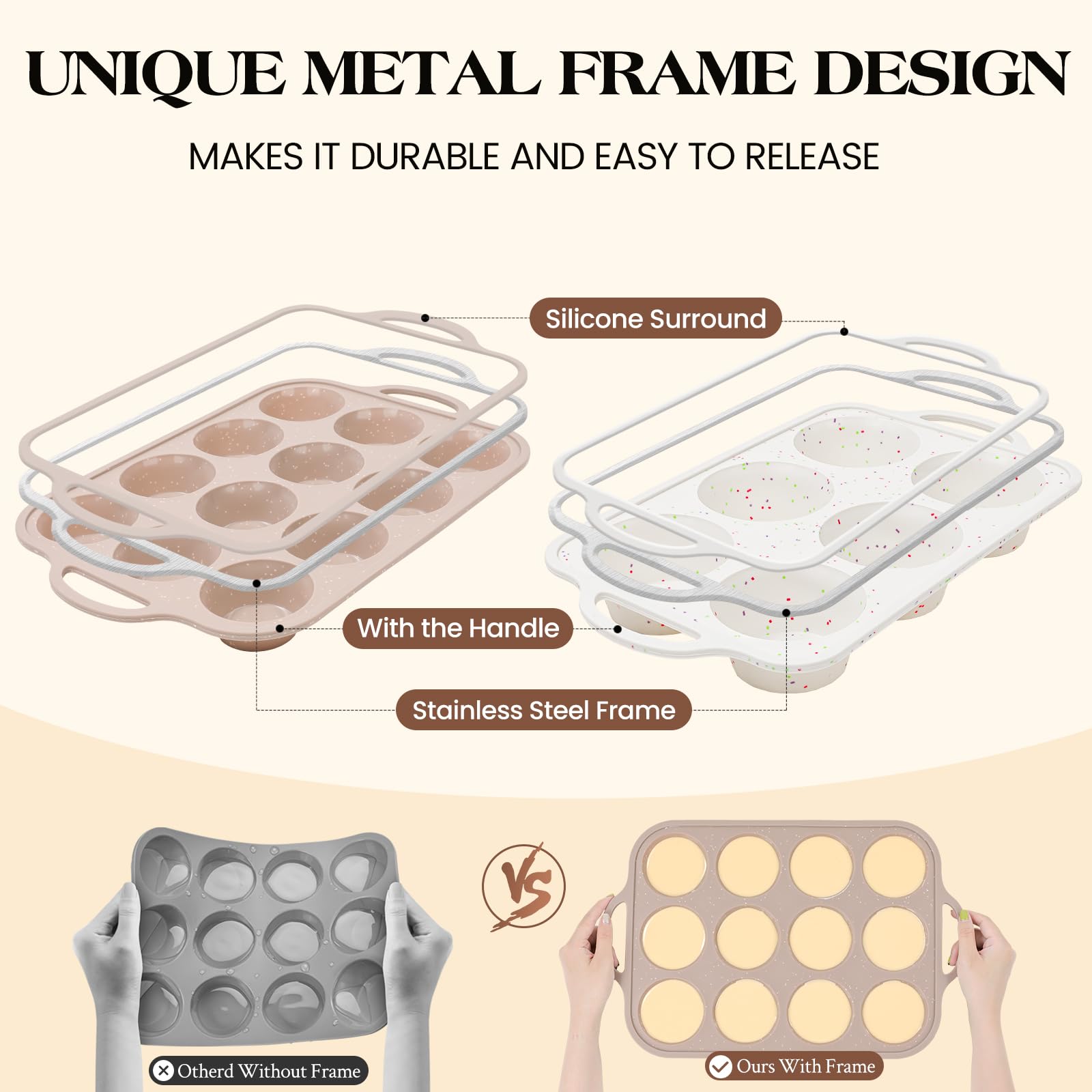 Vinino Silicone Muffin Pans for Baking with Metal Reinforced Frame, 12 Cups Regular Size Nonstick Brown Silicone Cupcake Pan, BPA Free Oven Dishwasher Safe Baking Mold for Muffins Cupcakes