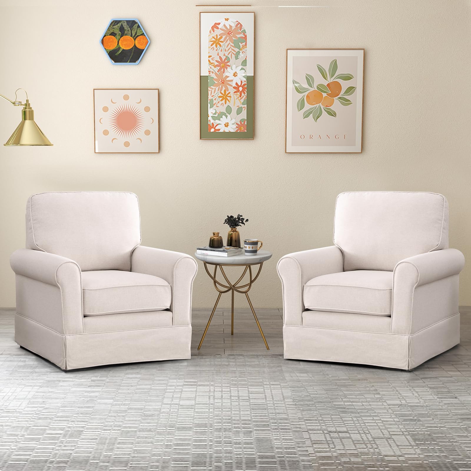 INZOY Swivel Accent Chair Linen Mid Century Modern Chair, Comfy Swivel Barrel Reading Chair, Upholstered Square Chair for Living Room Bedroom Small Spaces, Fully Assembled, Beige