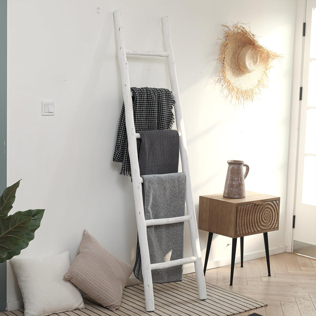 FUIN 57in Wood Blanket Ladder Living Room Decorative Wall Leaning Farmhouse Quilt Display Holder Rustic Wooden Towel Rack for Bathroom, Black