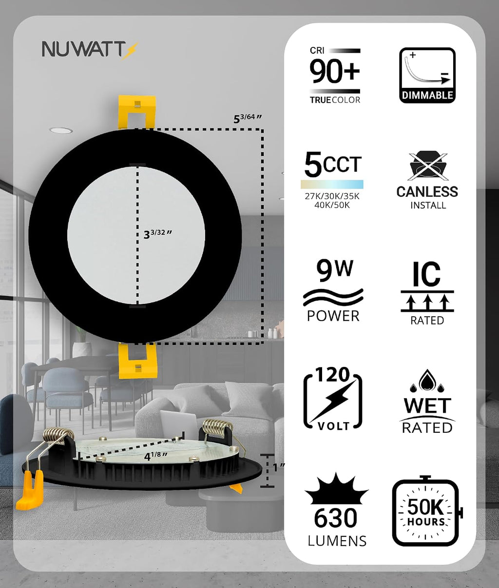 NUWATT 12 Pack, 4 Inch Recessed Lighting LED, Selectable CCT 2700K/3000K/3500K/4000K/5000K, 630LM, 9W, IC Rated, Dimmable, Canless Lights with Junction Box, ETL and Energy Star Certified, Black Trim