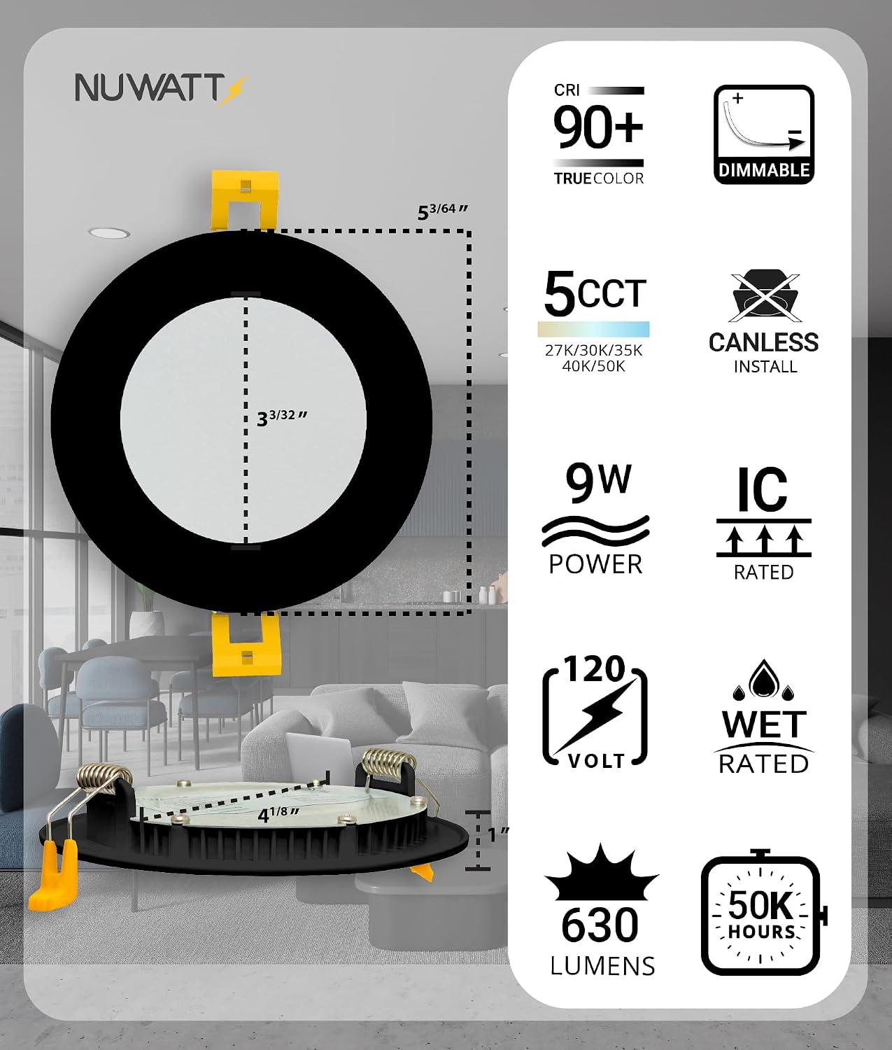 NUWATT 12 Pack, 4 Inch Recessed Lighting LED, Selectable CCT 2700K/3000K/3500K/4000K/5000K, 630LM, 9W, IC Rated, Dimmable, Canless Lights with Junction Box, ETL and Energy Star Certified, Black Trim