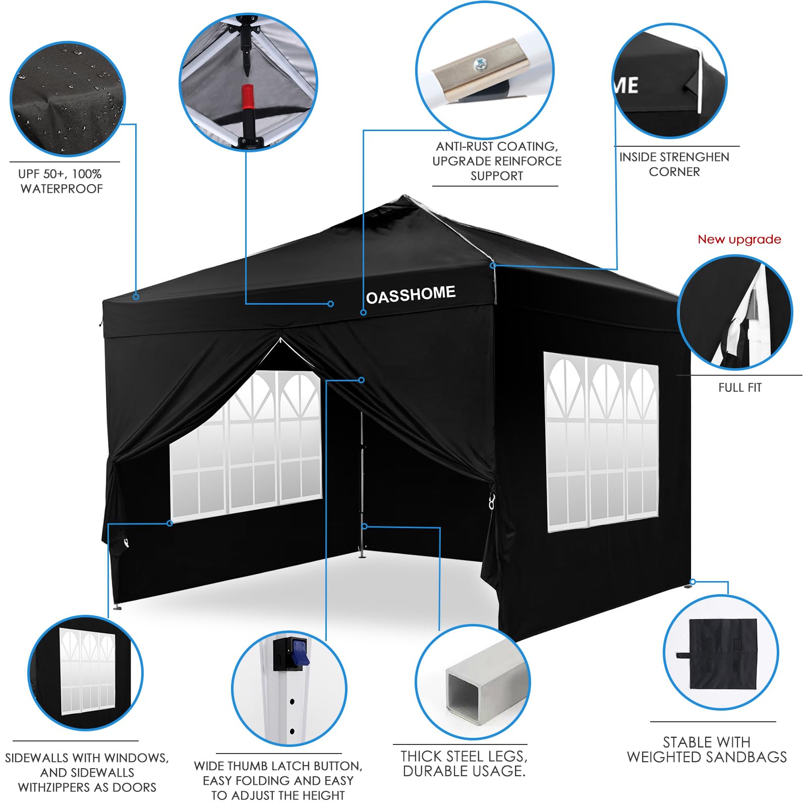 OASISHOME Canopy Tent 10'x10' Pop Up Gazebo with 1-Person Set Up, 4 Sidewalls, Wheeled Bag, Waterproof UV Protection Heavy-Duty Steel Frame Shelter for Patio Outdoor Wedding Party Event (Black,10x10)