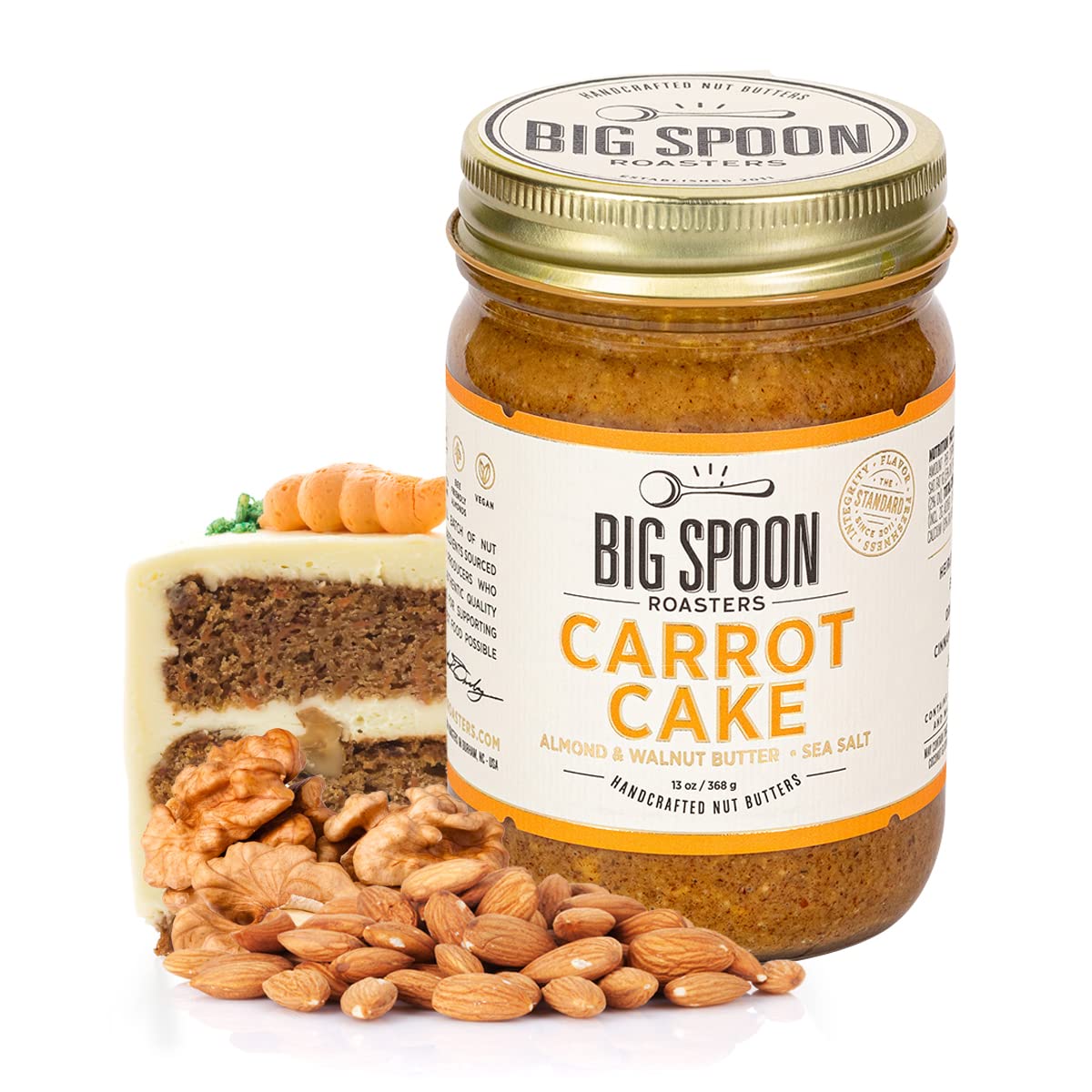 Big Spoon Roasters Carrot Cake Almond Butter With Sea Salt - Keto Friendly, Low Sugar Almond Butter - Crunchy & Bee-Friendly Almonds - Gourmet, Vegan Almond Nut Butter - 13 Ounces