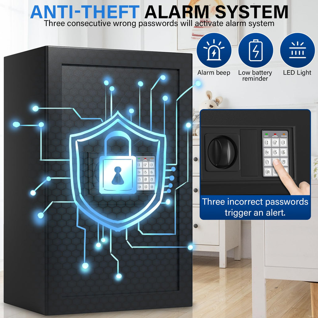 Home Safe Box, Safes with Fireproof Waterproof Bag, 9.84'' H Anti-Theft Digital Security Lock Box with Smart Alert System, Removable Shelf, Mute Function, Document Safes for Jewelry