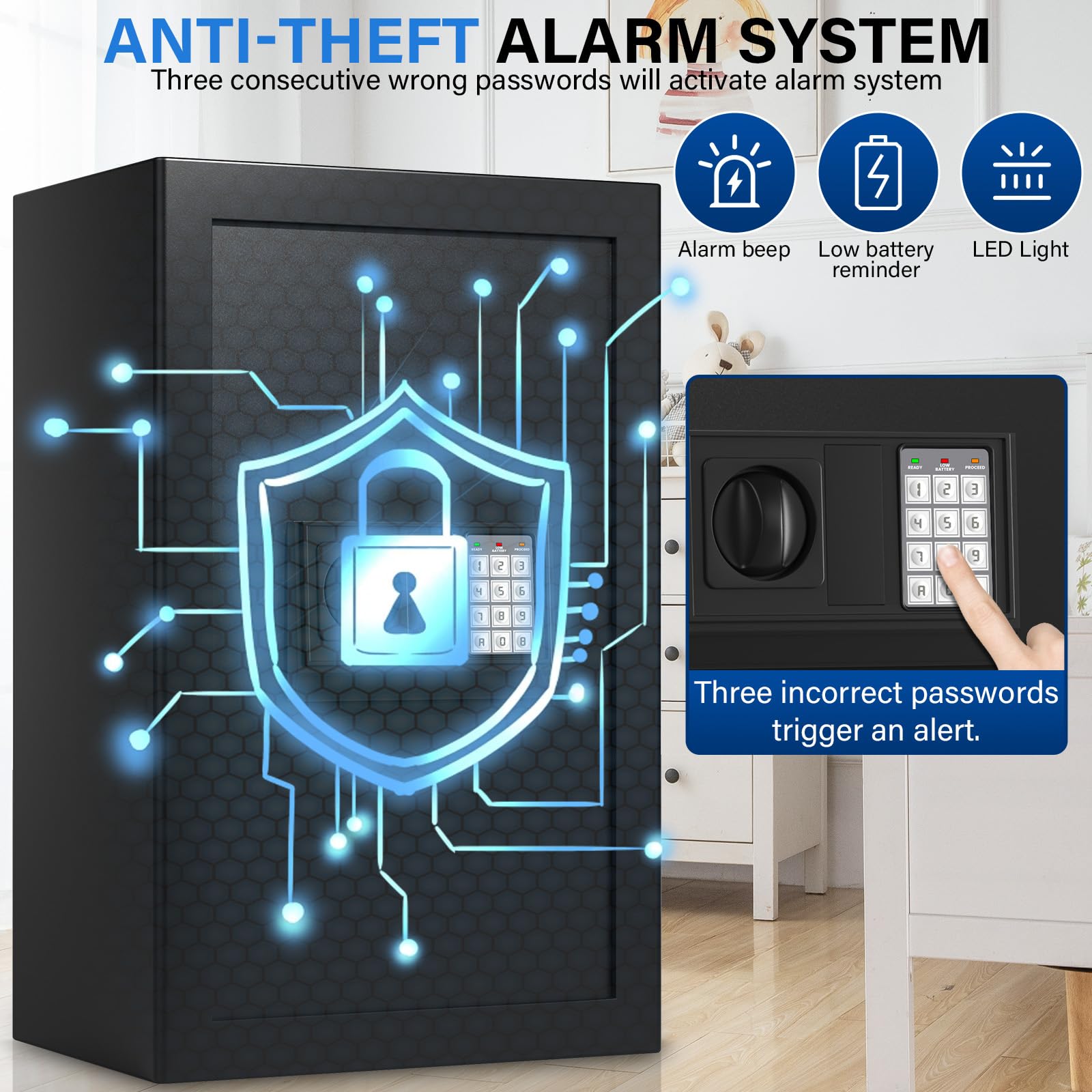 Home Safe Box, Safes with Fireproof Waterproof Bag, 9.84'' H Anti-Theft Digital Security Lock Box with Smart Alert System, Removable Shelf, Mute Function, Document Safes for Jewelry