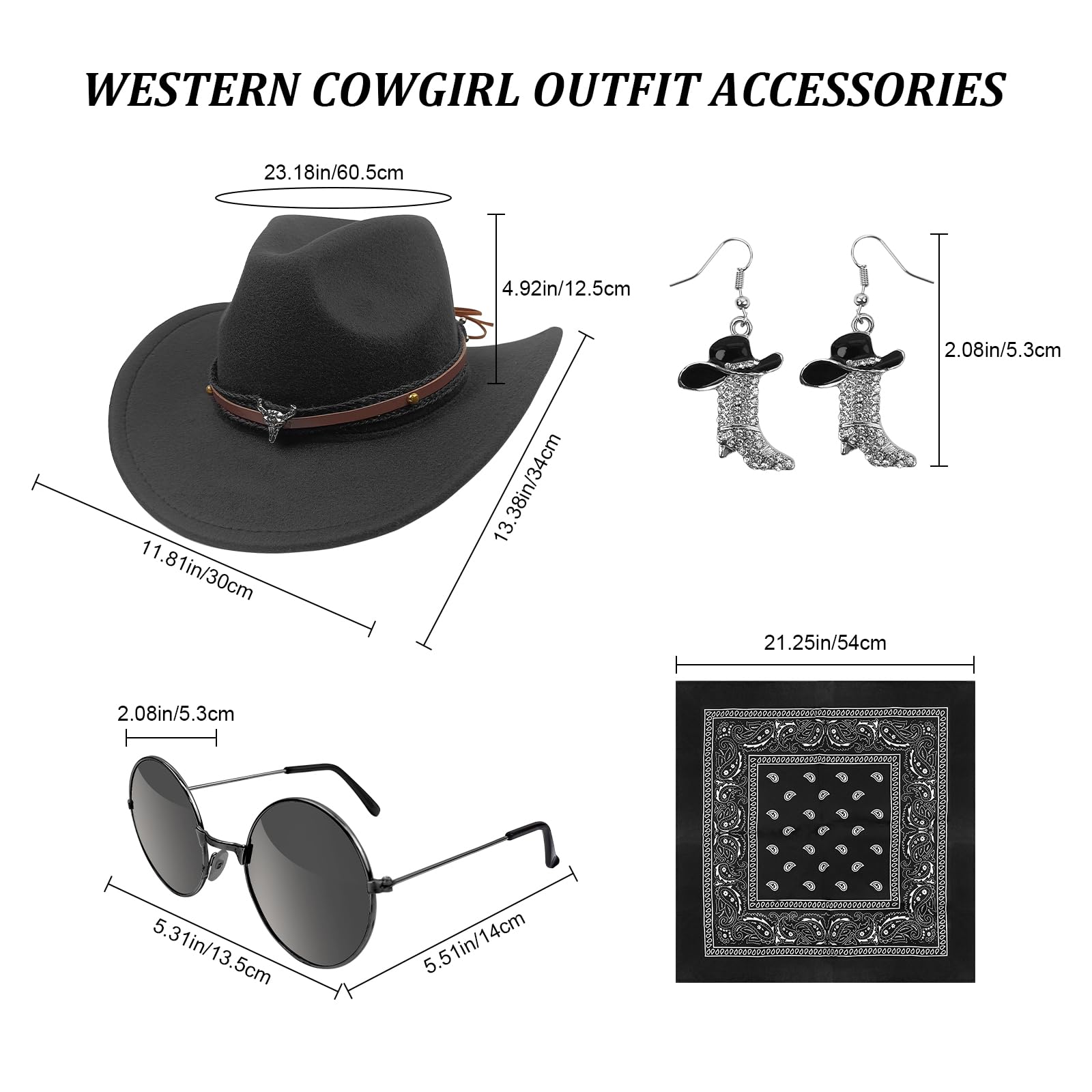 HyperFun Cowgirl Outfits for Women Western Costume Accessories Cowboy Hat Tassels Fringe Vest Earring Hippie Glasses Bandana