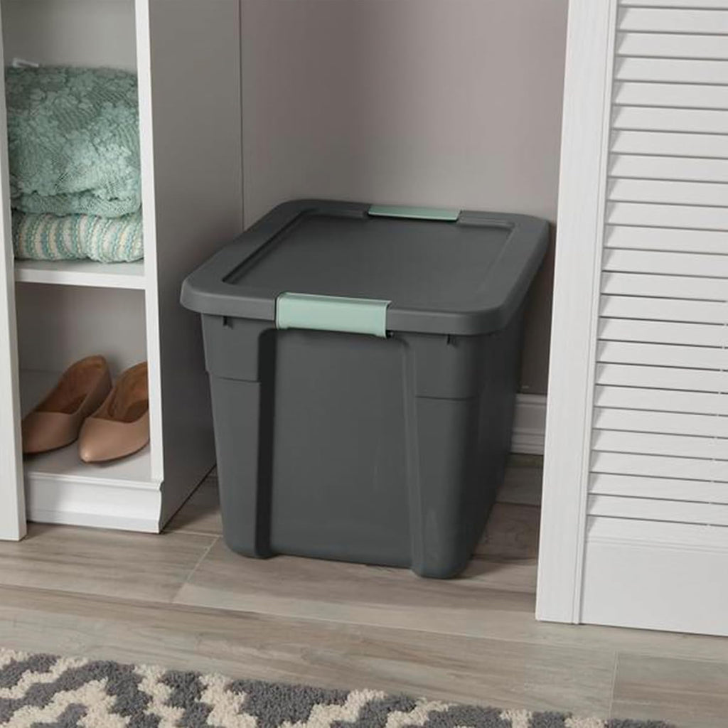 Sterilite 6-Pack Latch Tote, Stackable Plastic Storage Container Bins with Lids, 12 Gallon, Gray/Green - Latching Boxes for Bedroom, Bathroom, Garage, and Office Organization