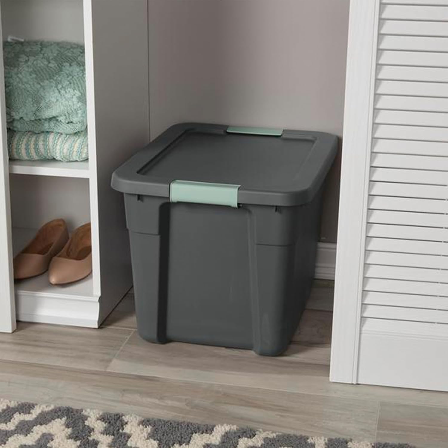 Sterilite 6-Pack Latch Tote, Stackable Plastic Storage Container Bins with Lids, 12 Gallon, Gray/Green - Latching Boxes for Bedroom, Bathroom, Garage, and Office Organization