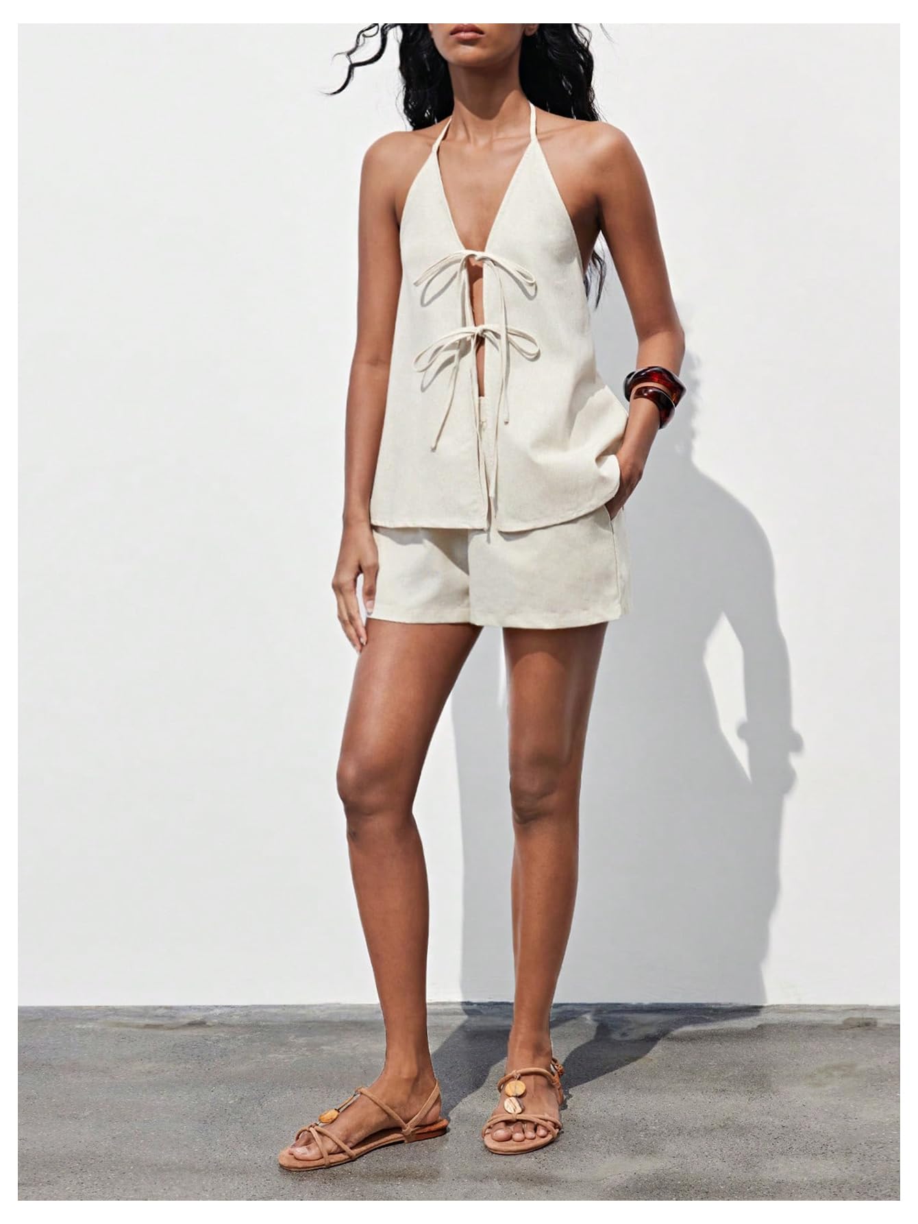 MakeMeChic Women's Linen Two Piece Set Summer Tie Front Halter Tops Linen Shorts Sets Beach Vacation Outfits