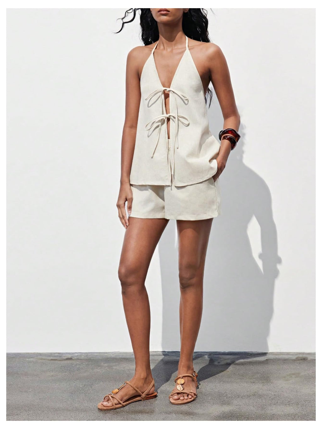 MakeMeChic Women's Linen Two Piece Set Summer Tie Front Halter Tops Linen Shorts Sets Beach Vacation Outfits