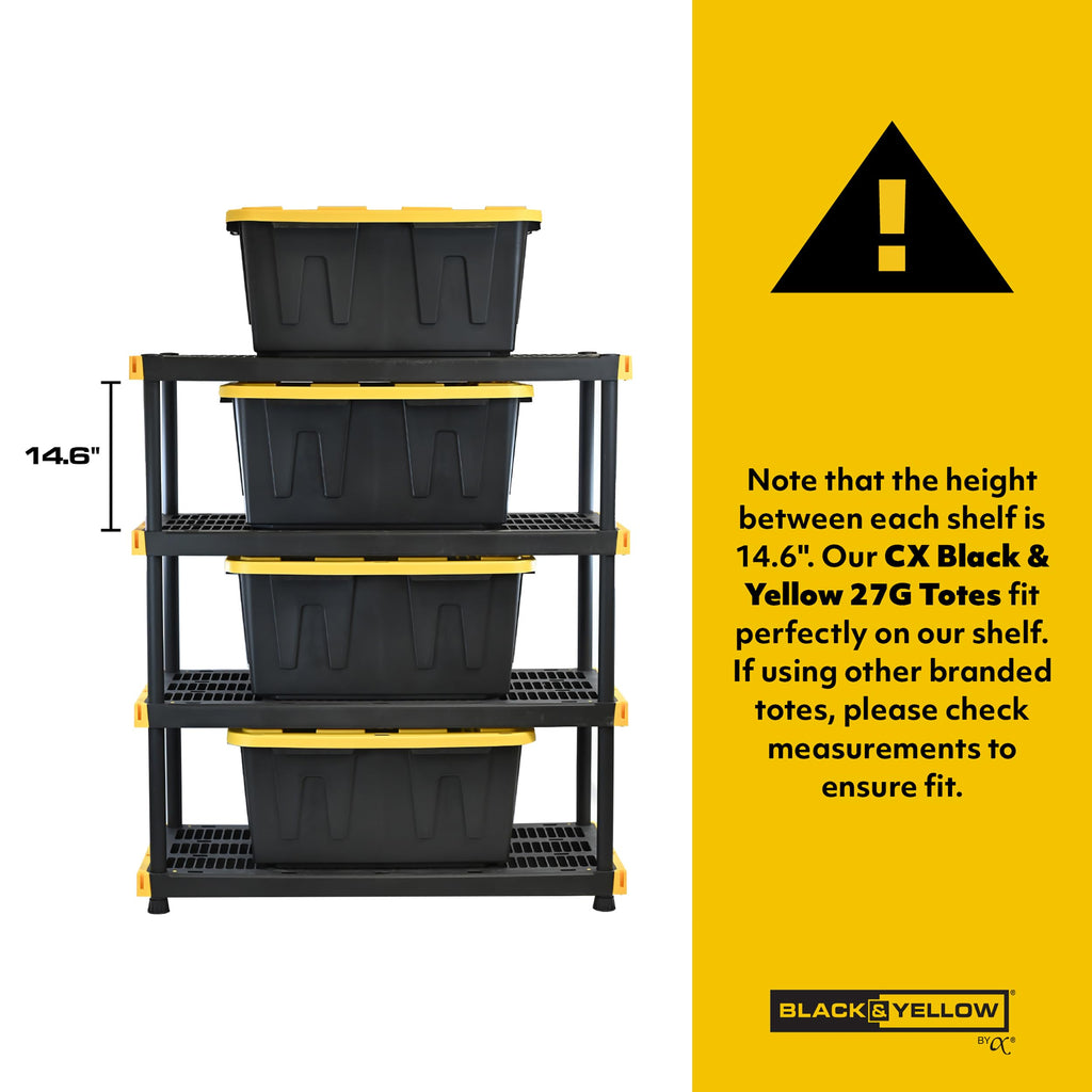 CX Black & YELLOW, Shelving Unit and Heavy Duty Storage Containers, Extremely Durable (Shelf + 27 Gallon Container (4-Pack))