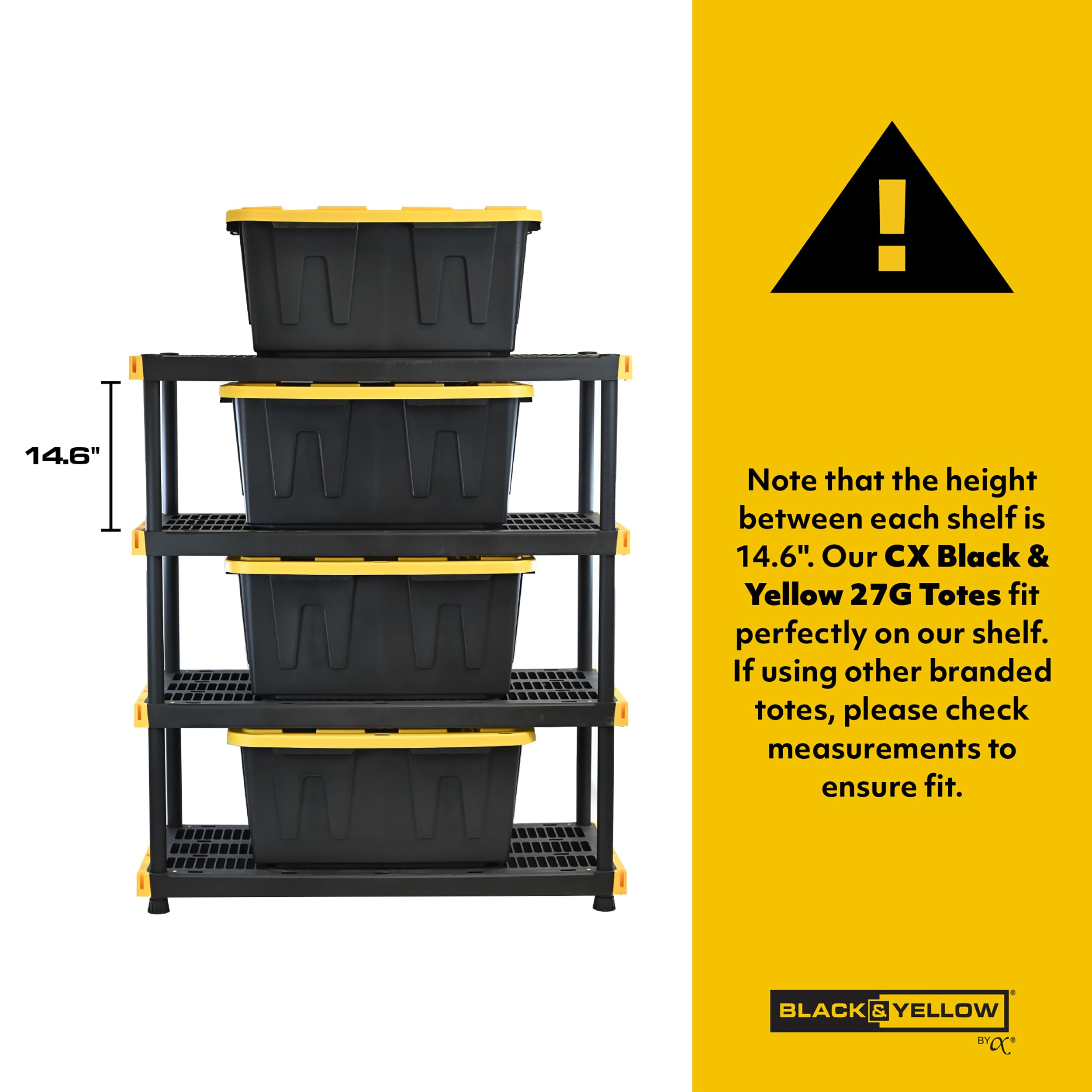 CX Black & YELLOW, Shelving Unit and Heavy Duty Storage Containers, Extremely Durable (Shelf + 27 Gallon Container (4-Pack))