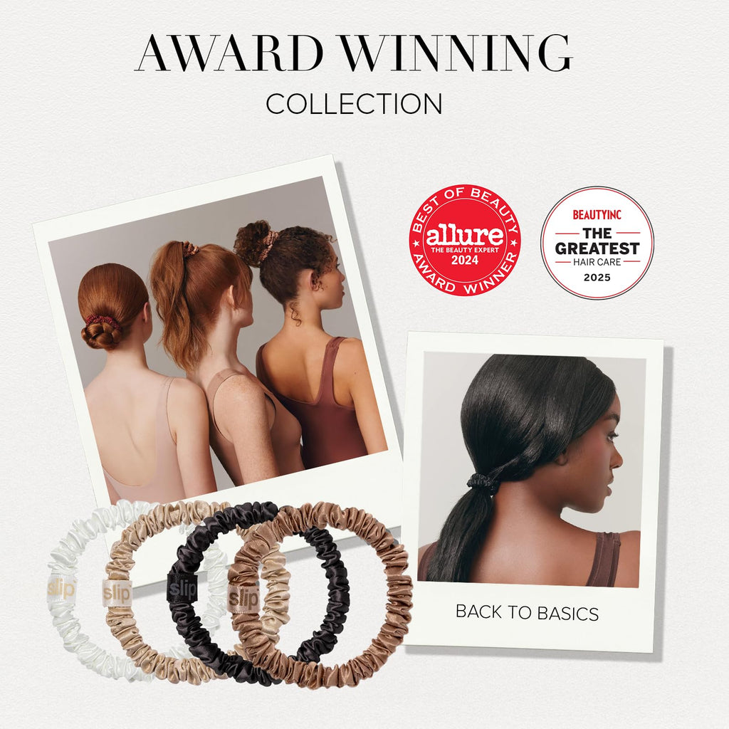 Slip Silk Hair Ties — Skinny Silk Auburn Scrunchies, No Damage, No Crease, Anti-Breakage |100% Mulberry Silk | All Hair Types | Made with Proprietary Slipsilk™ | Set of 4